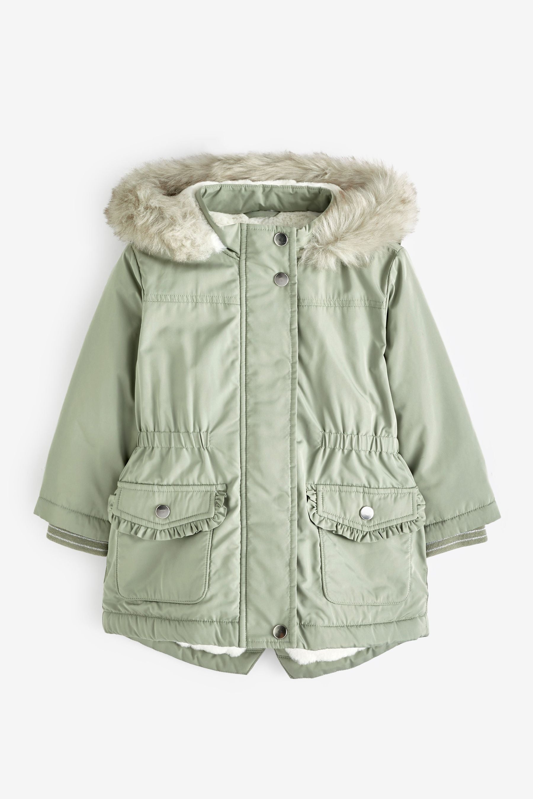 Sage Green Shower Resistant Faux Fur Trim Parka (3mths-7yrs)