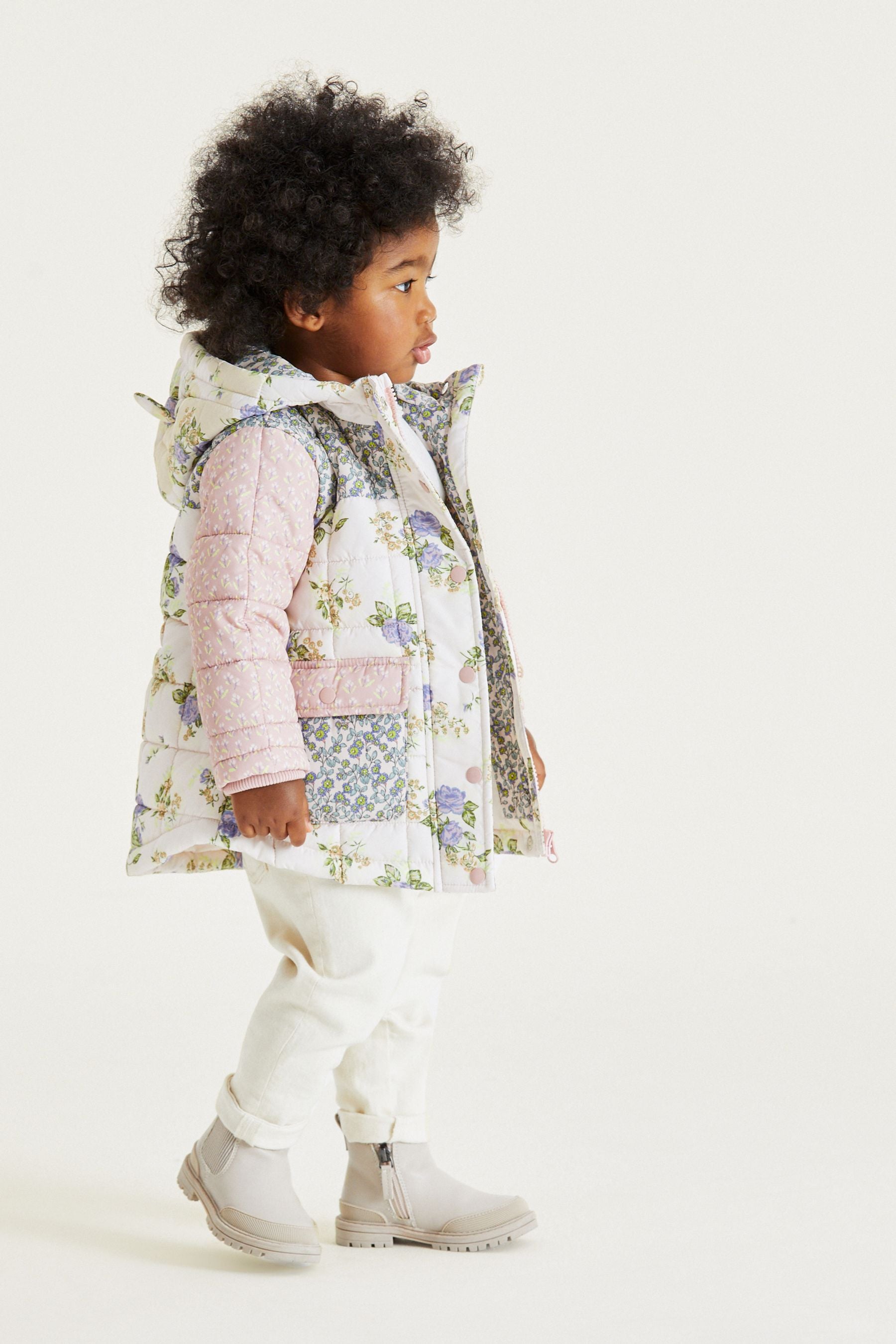 Multi Floral Shower Resistant Colourblock Quilted Coat (3mths-7yrs)