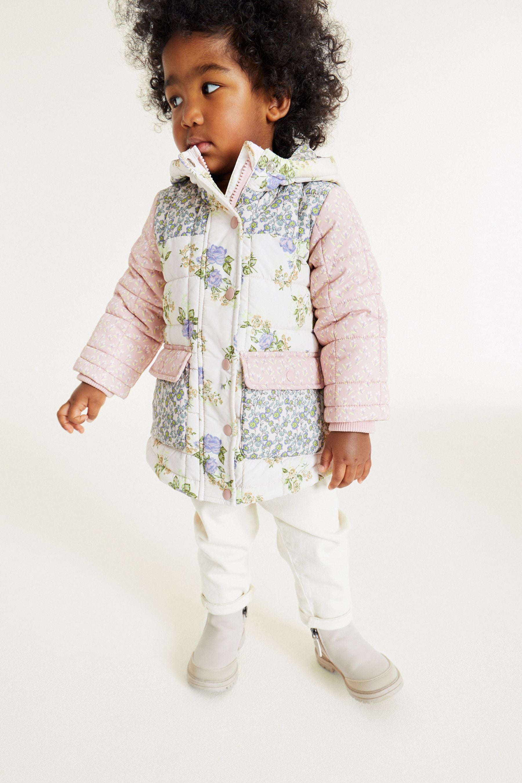 Multi Floral Shower Resistant Colourblock Quilted Coat (3mths-7yrs)