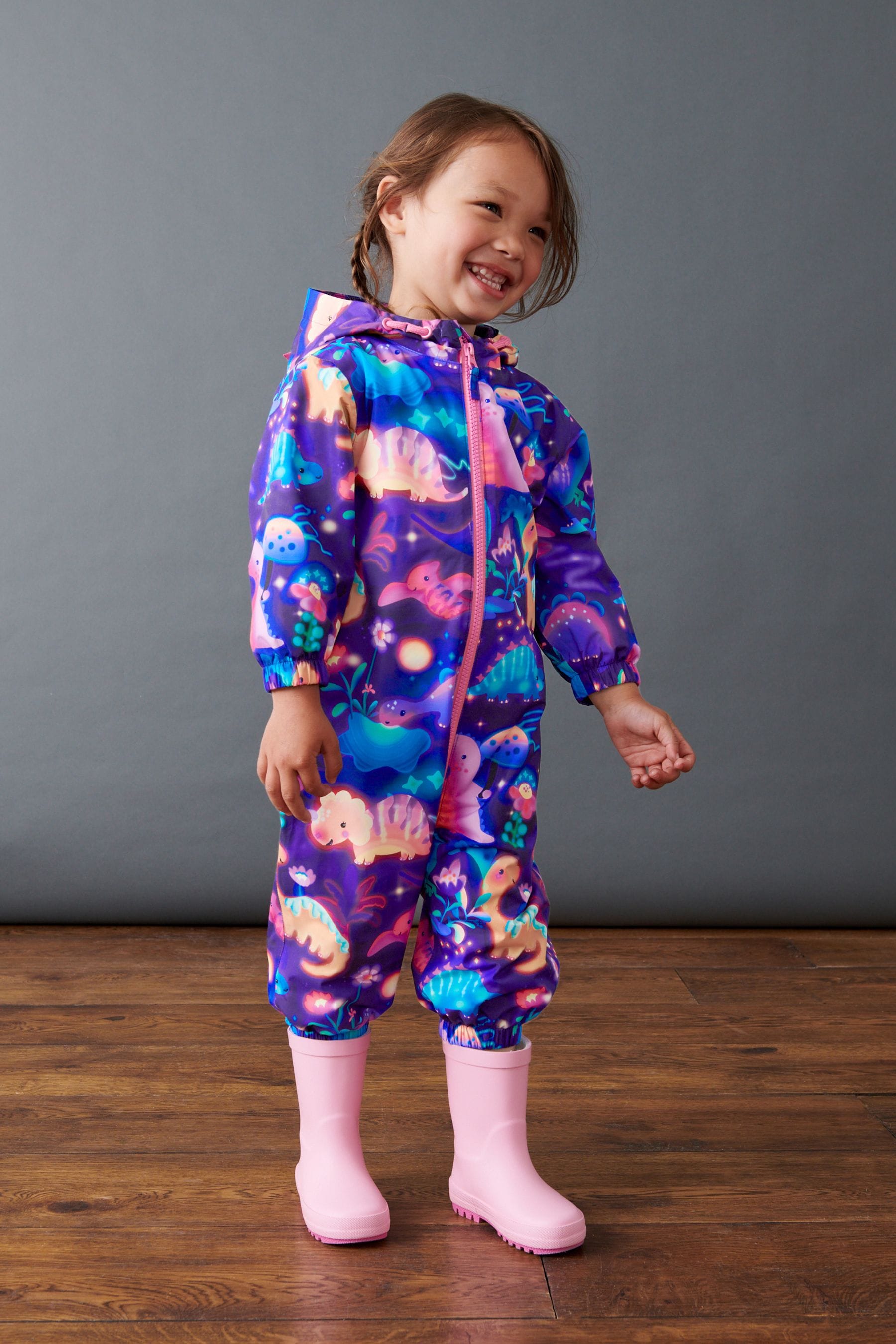 Multi Purple Dino Lightweight Waterproof Fleece Lined Character Printed Puddlesuit (3mths-7yrs)