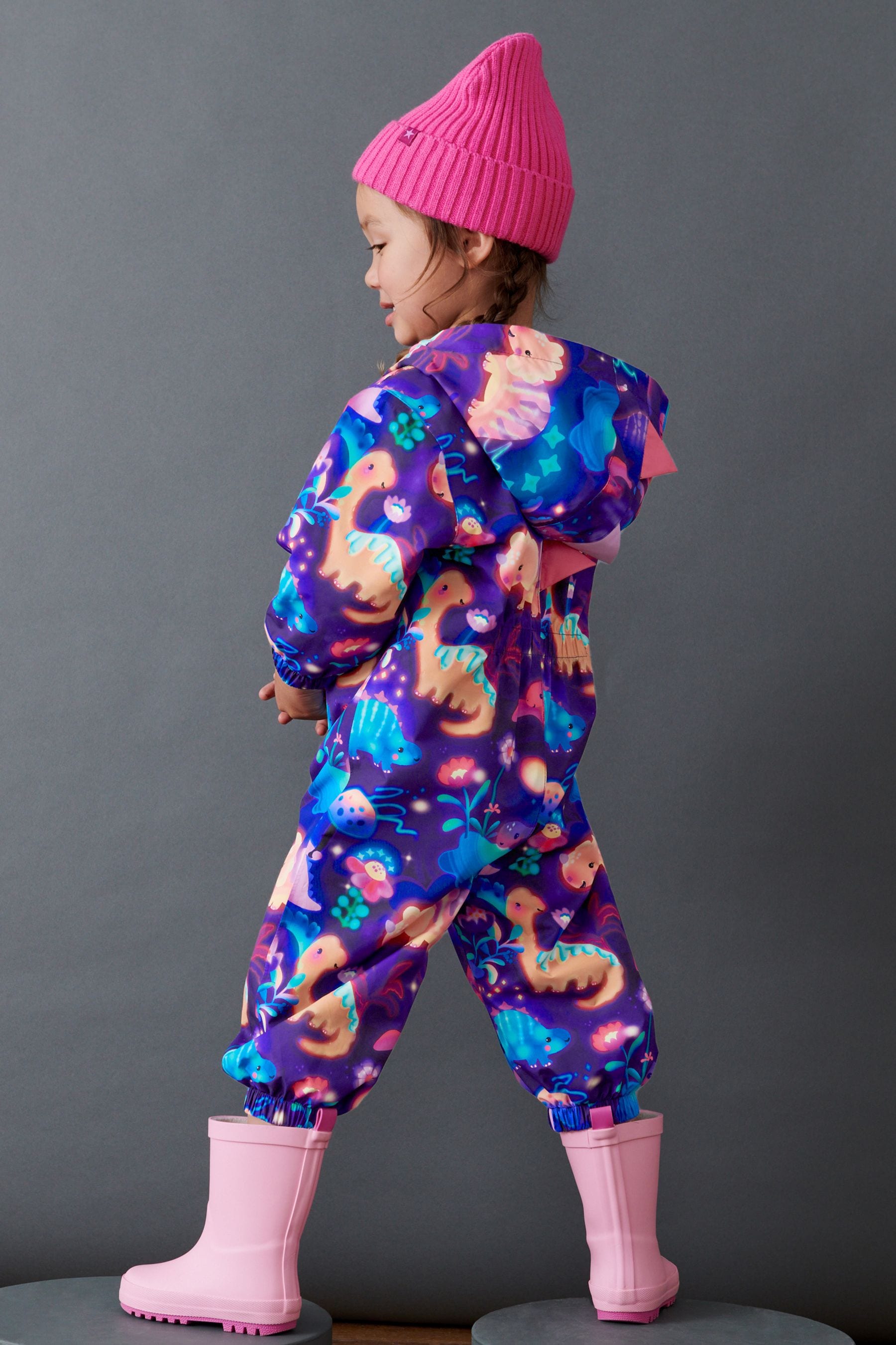 Multi Purple Dino Lightweight Waterproof Fleece Lined Character Printed Puddlesuit (3mths-7yrs)