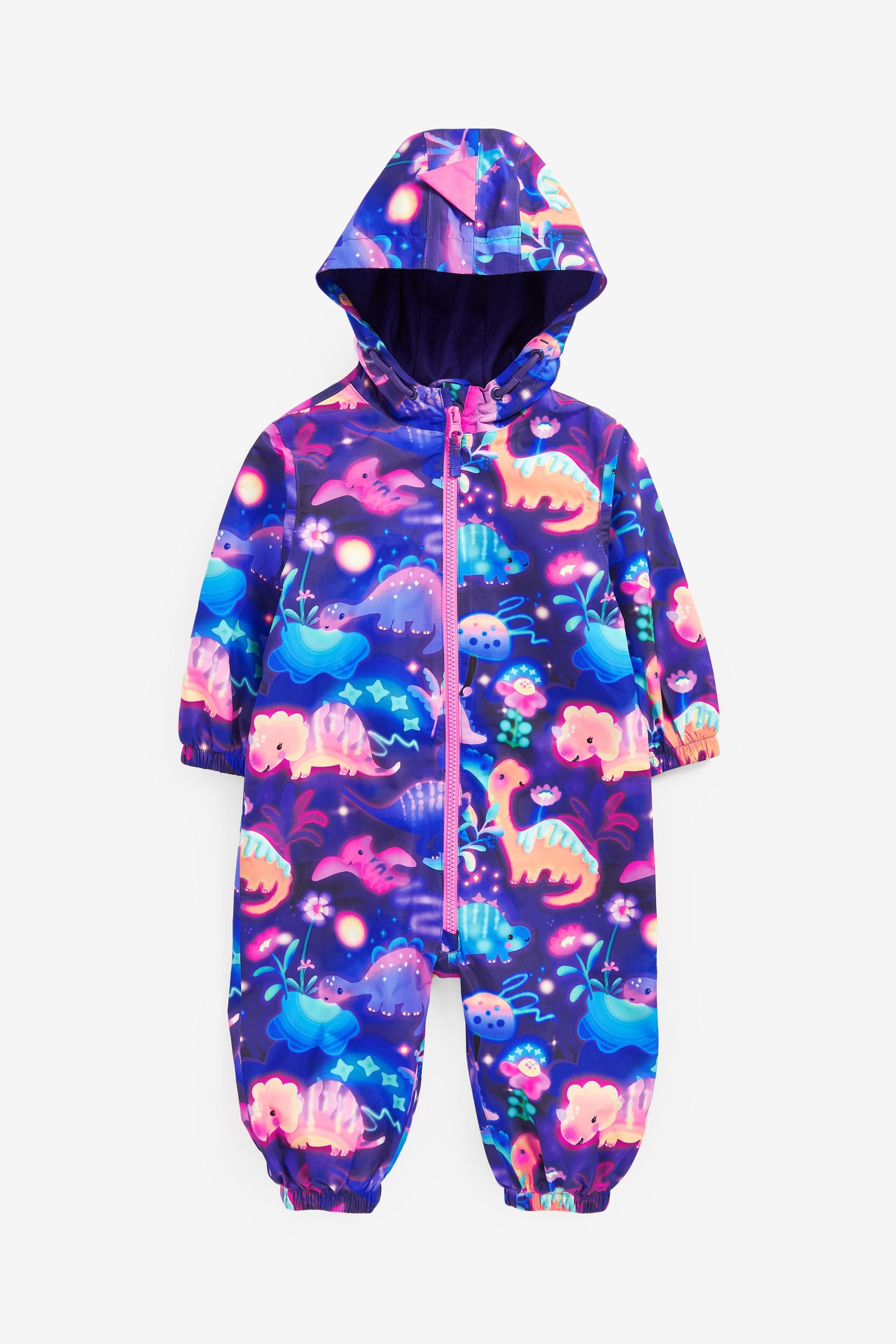 Multi Purple Dino Lightweight Waterproof Fleece Lined Character Printed Puddlesuit (3mths-7yrs)