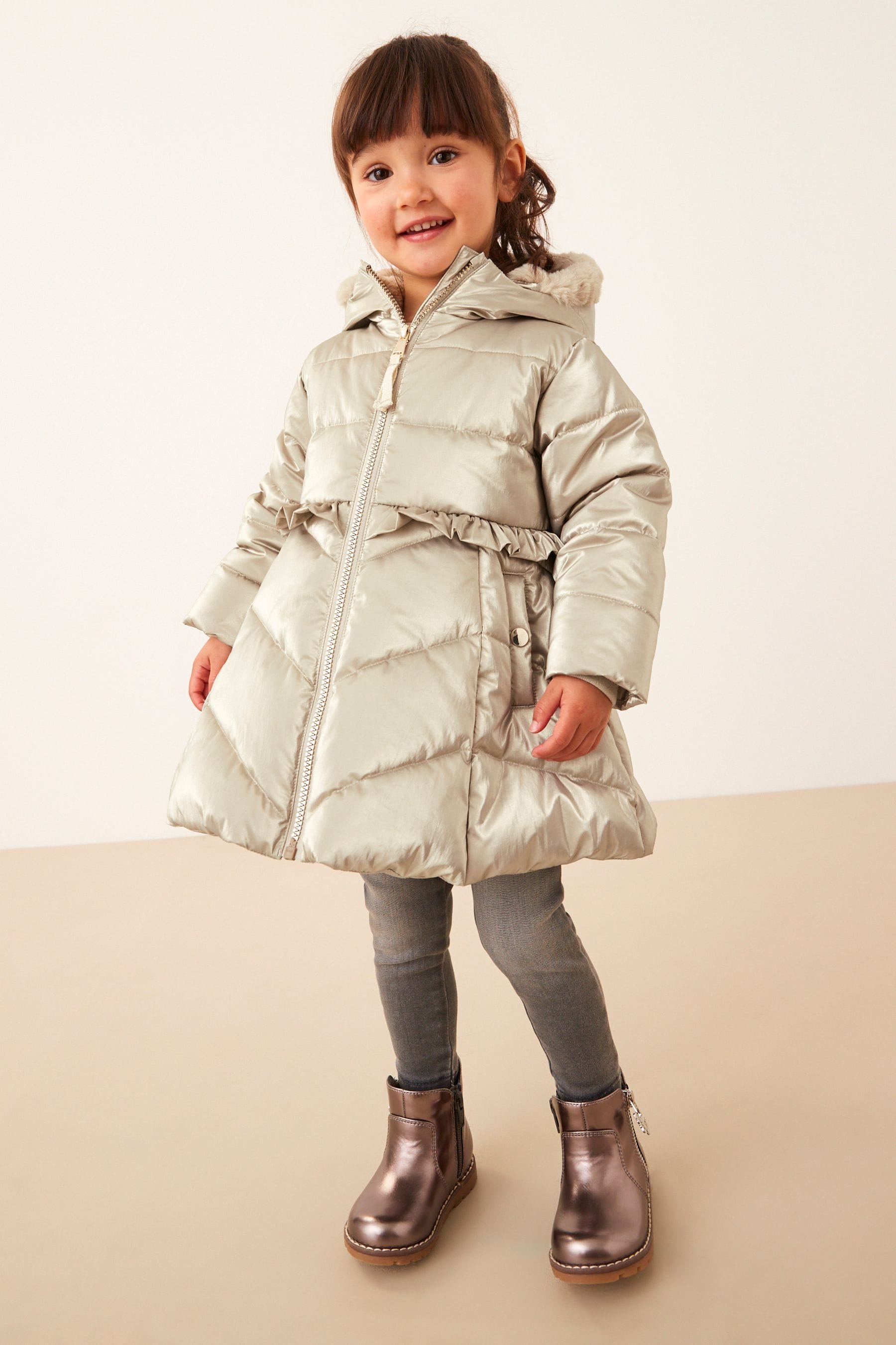 Gold Shower Resistant Metallic Skirted Padded Coat (3mths-7yrs)