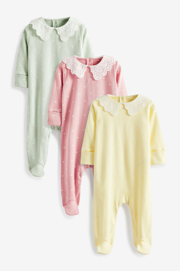 Multi Pastel Baby Collared Sleepsuits 3 Pack (0mths-2yrs)