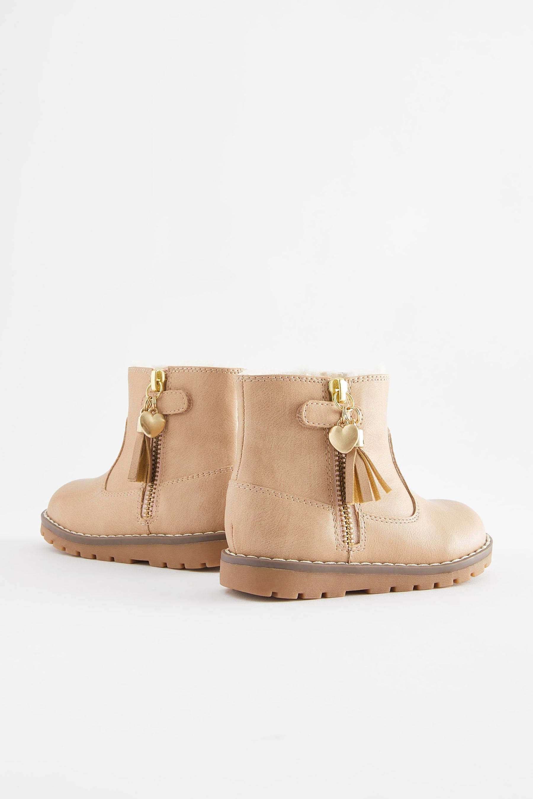 Beige Brown Warm Lined Tassel Detail Zip Boots