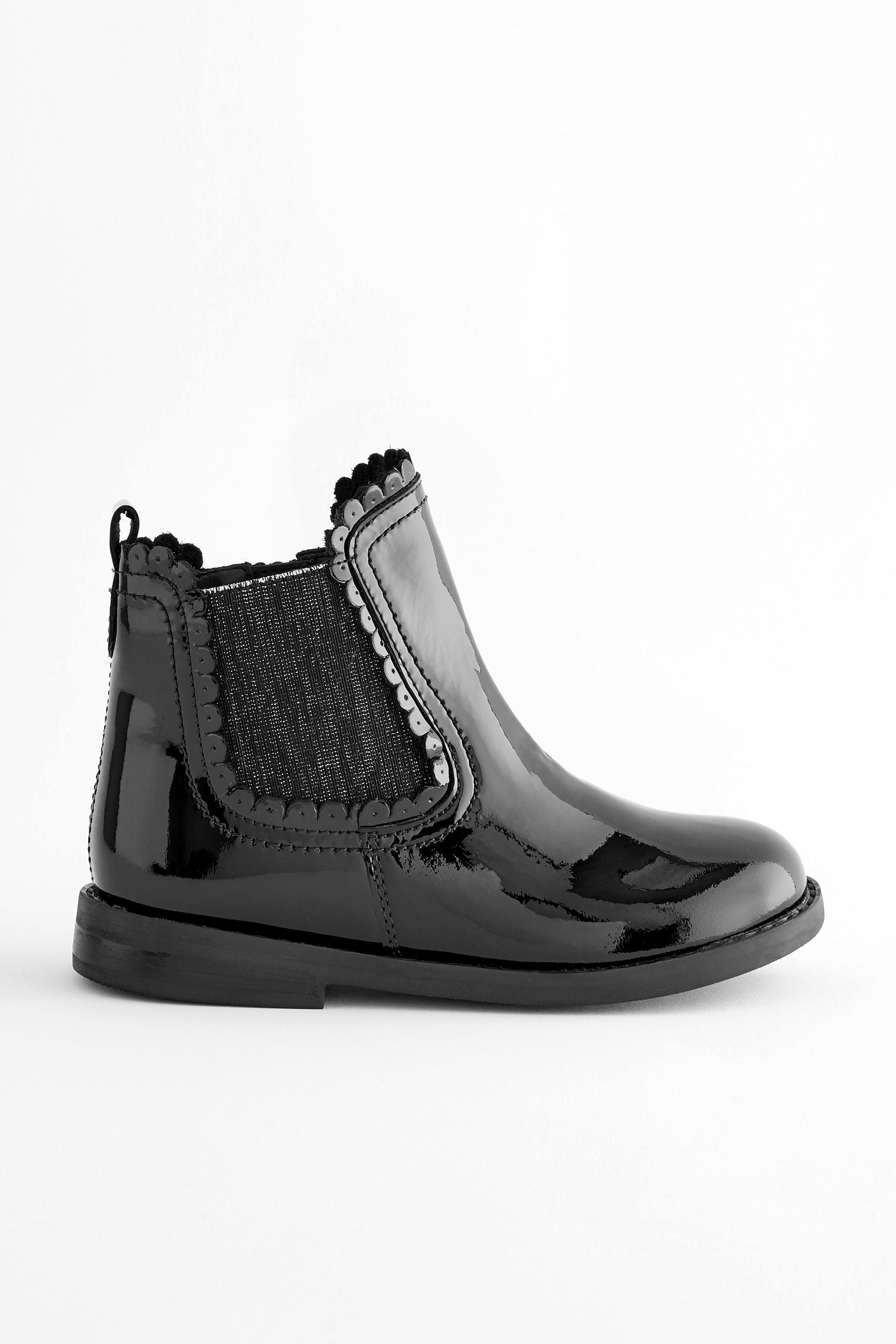 Black Patent Leather Scallop Chelsea Boots