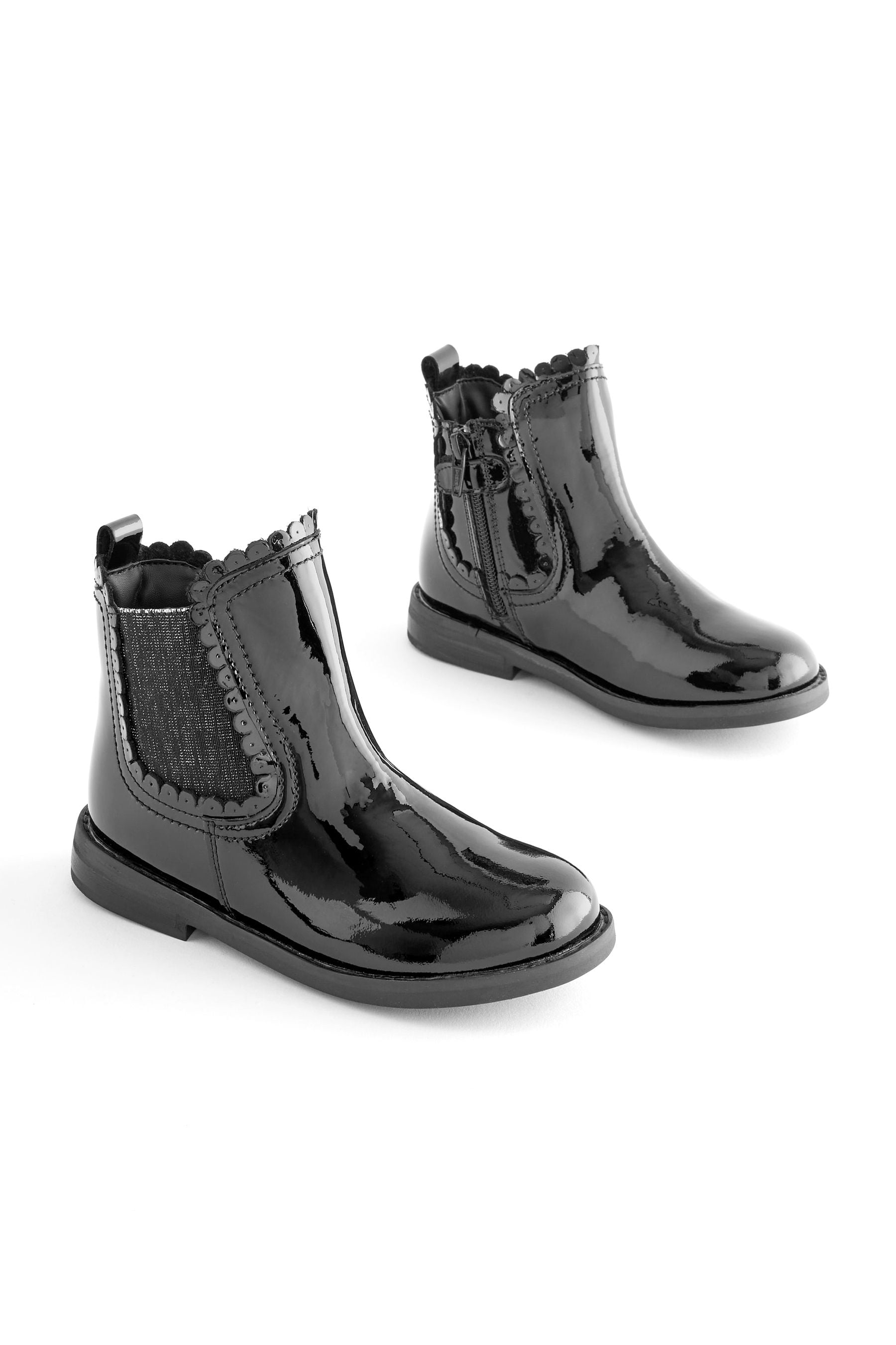 Black Patent Leather Scallop Chelsea Boots