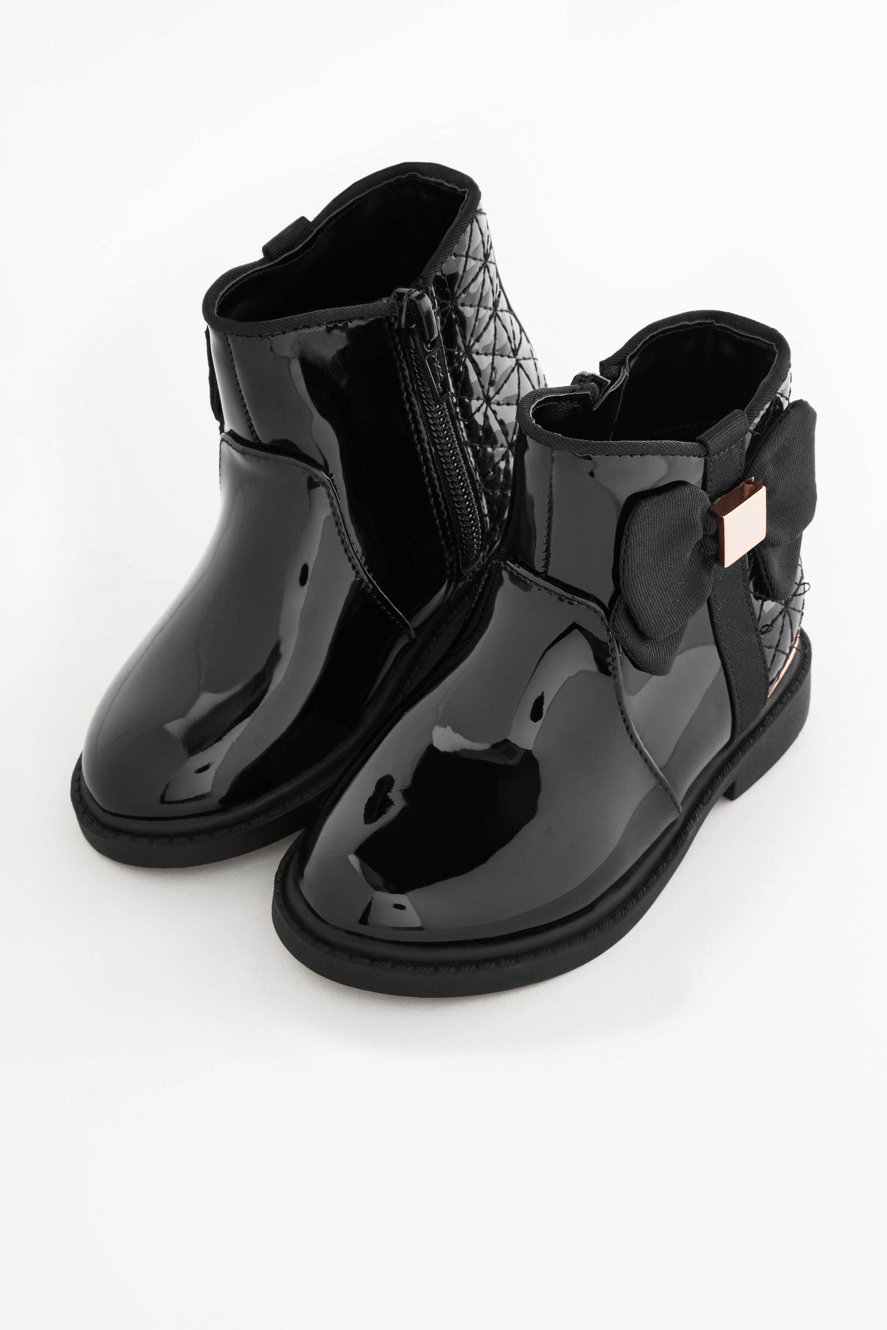 Black Patent Bow Ankle Boots