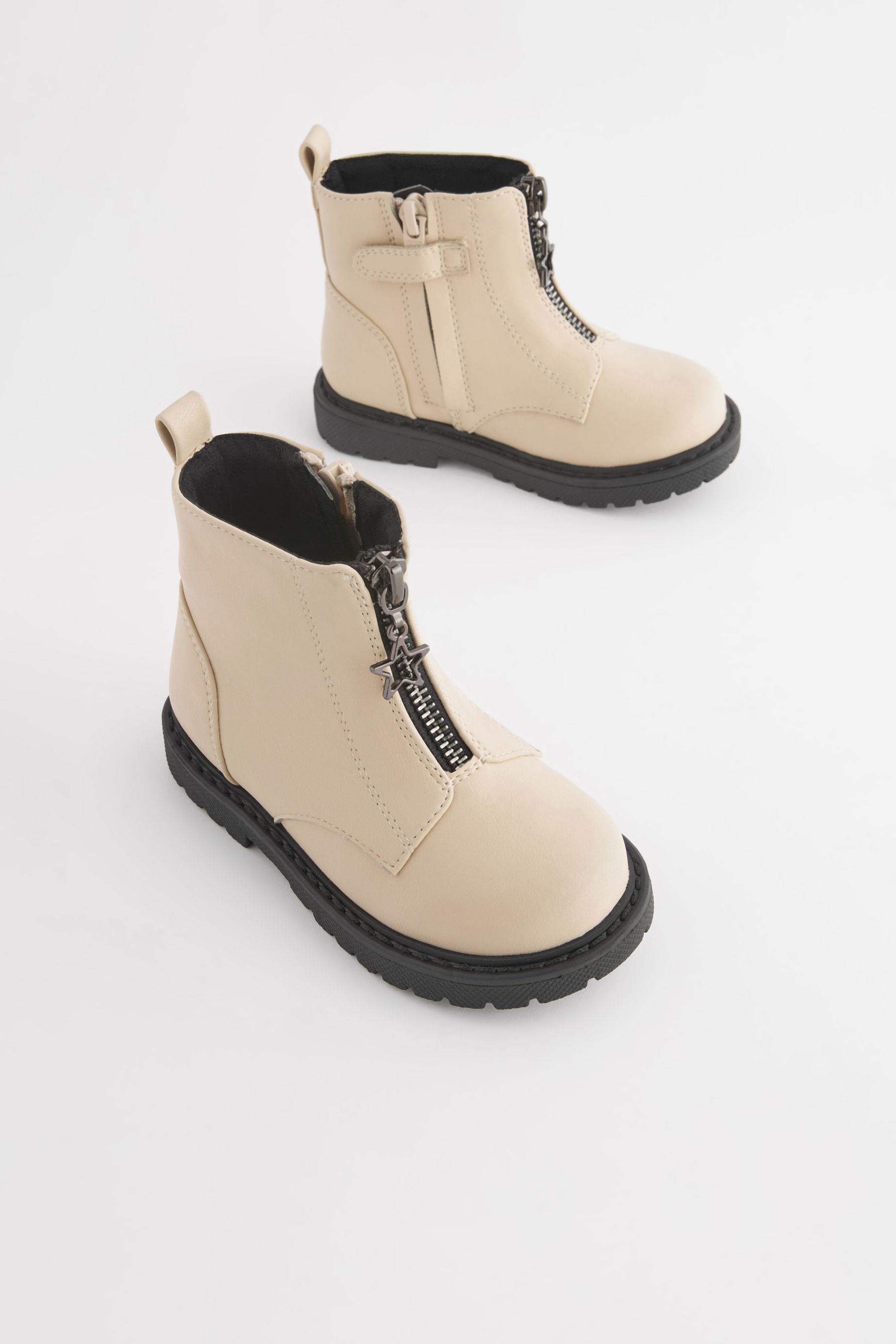 Off White Zip Front Charm Detail Ankle Boots