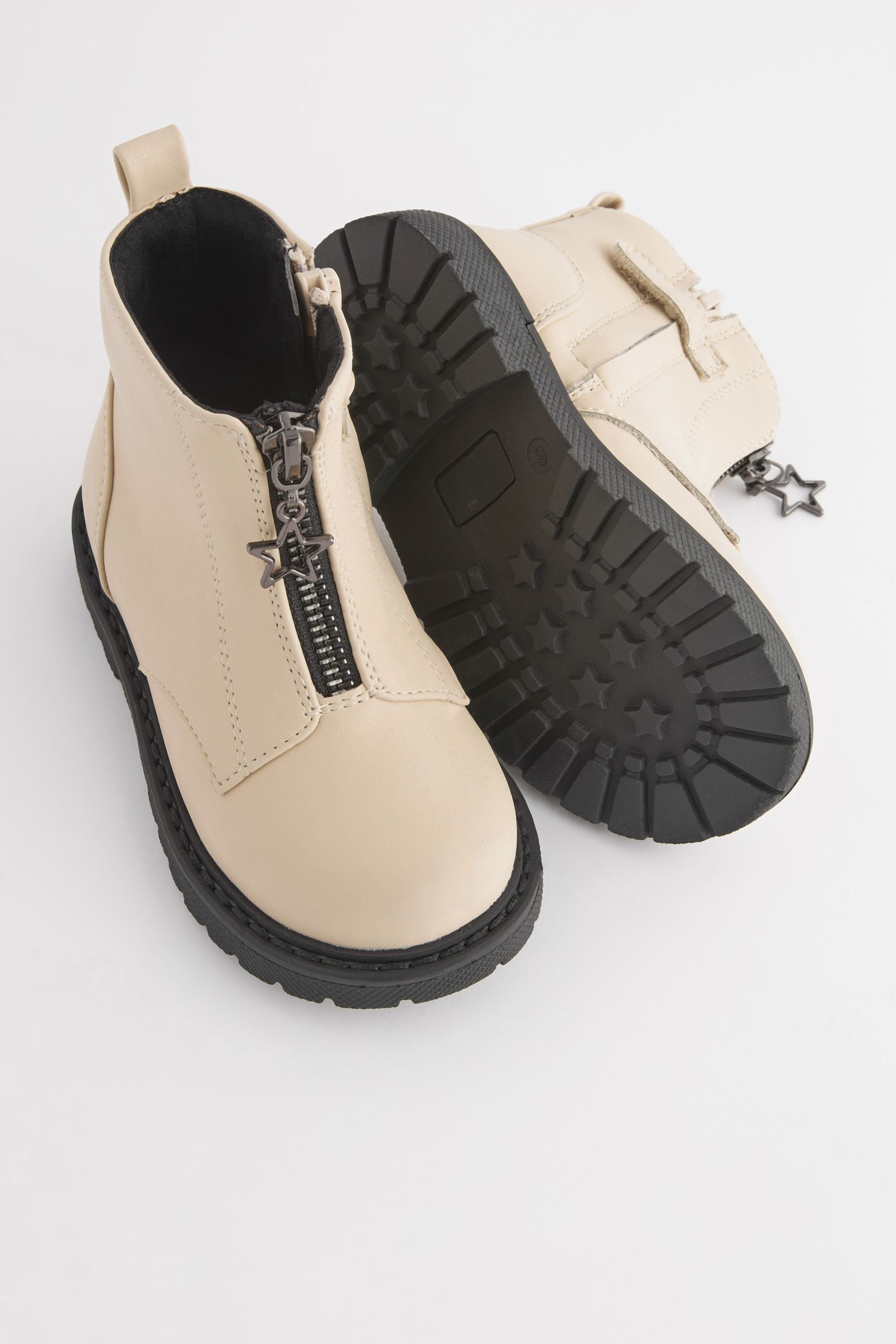 Off White Zip Front Charm Detail Ankle Boots