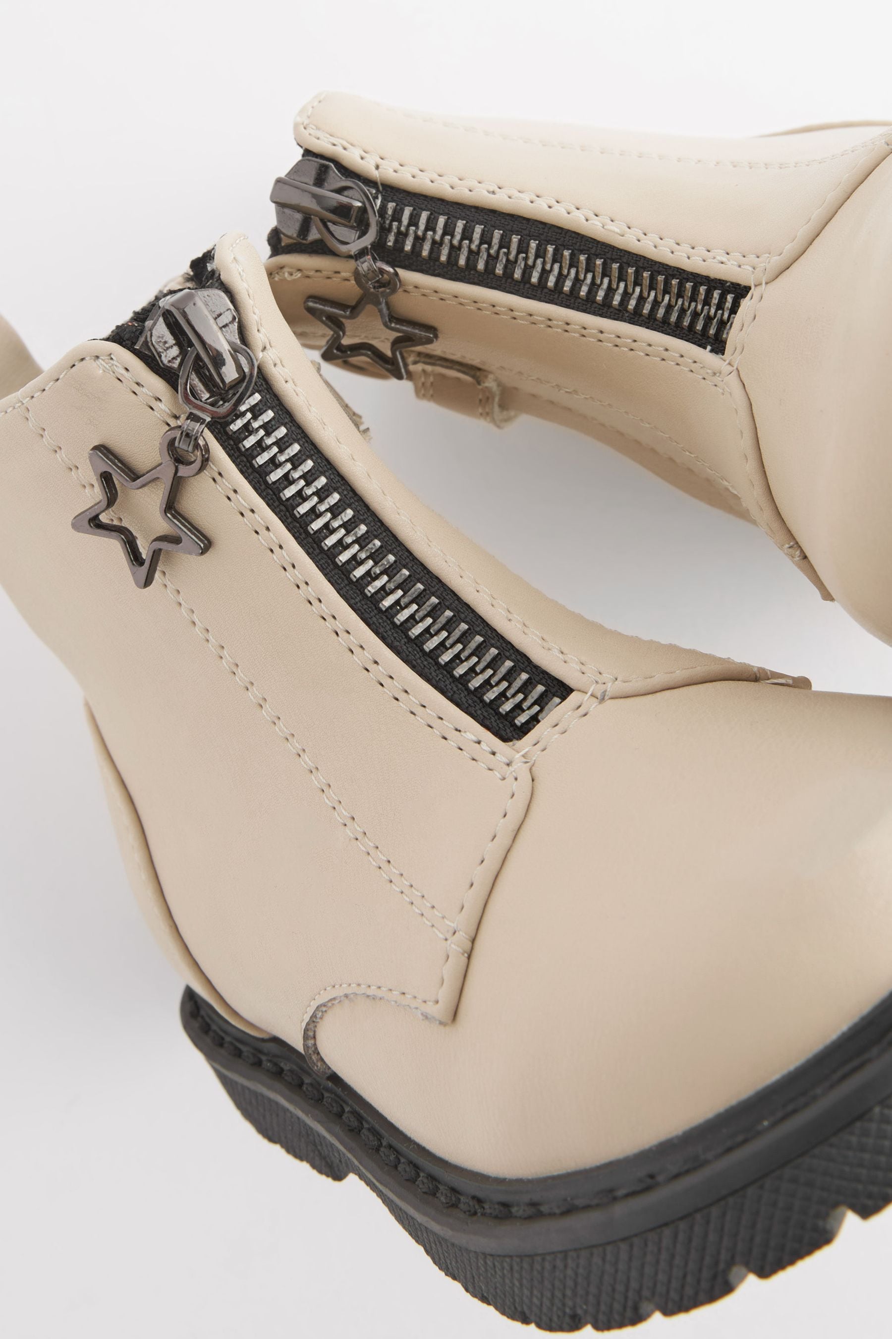 Off White Zip Front Charm Detail Ankle Boots