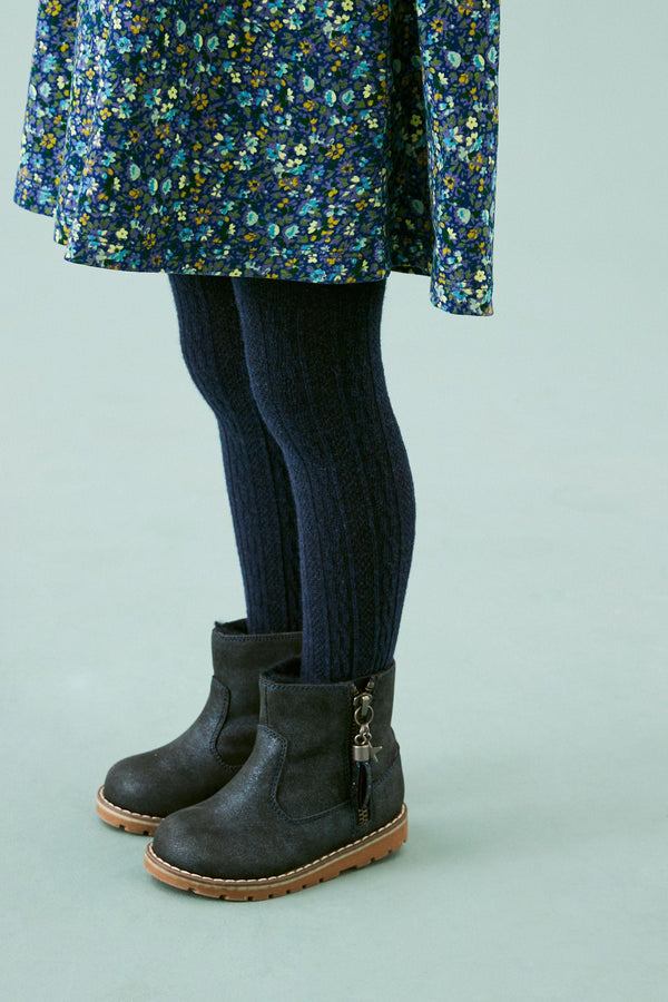 Navy Blue Shimmer Warm Lined Tassel Detail Zip Boots