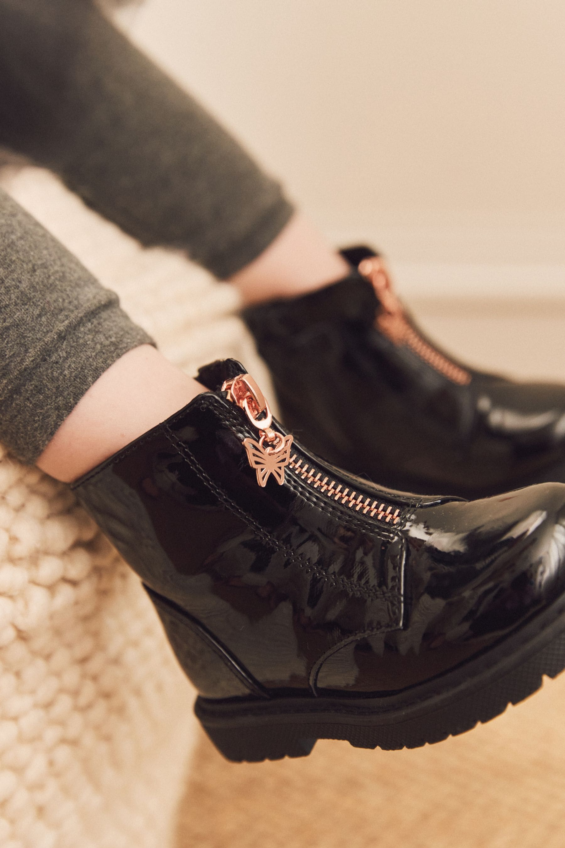 Black Patent Zip Front Charm Detail Ankle Boots