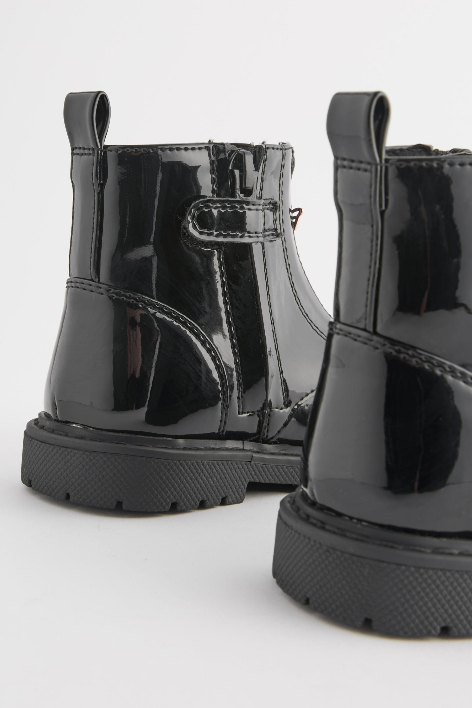 Black Patent Zip Front Charm Detail Ankle Boots