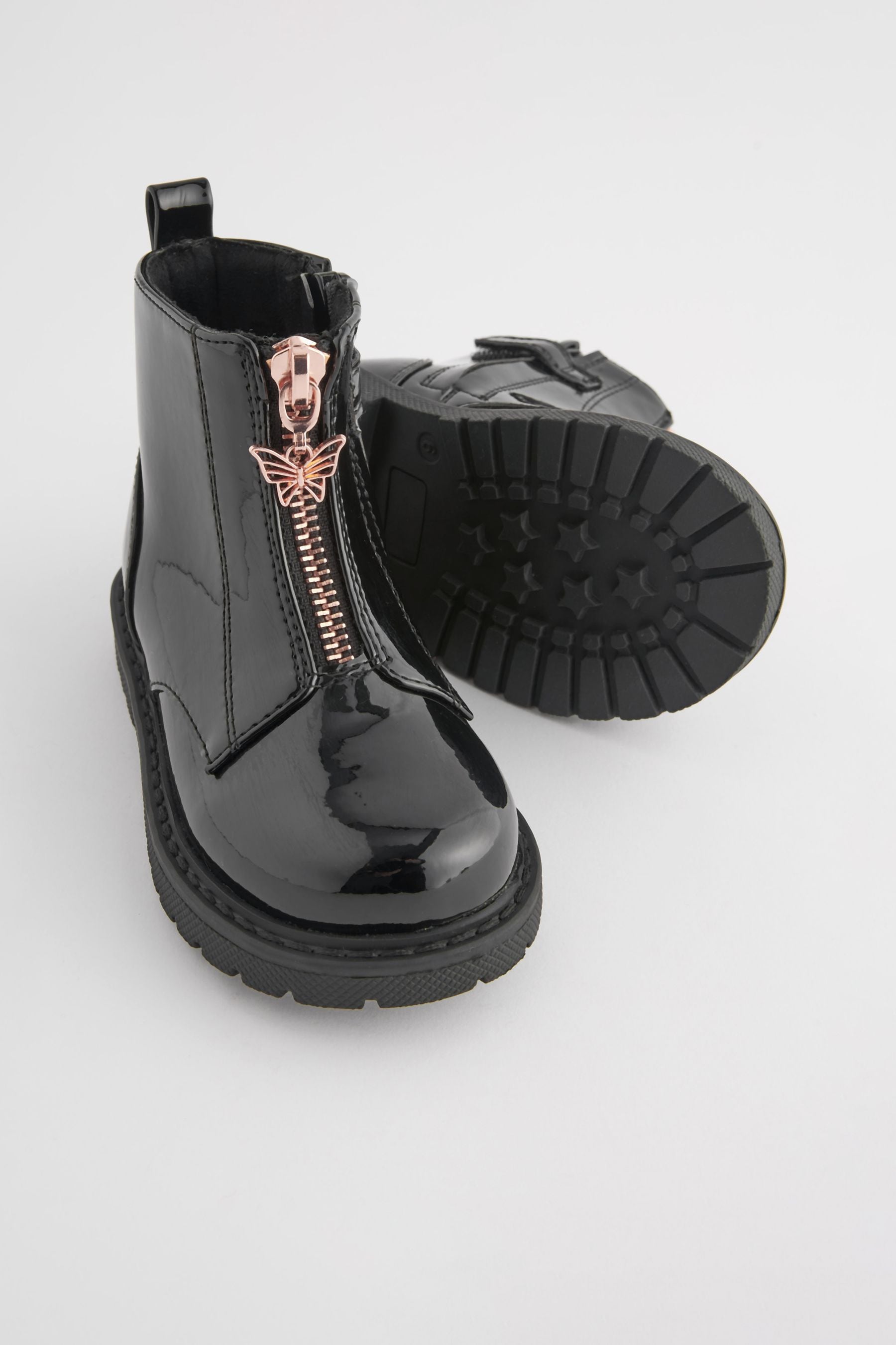 Black Patent Zip Front Charm Detail Ankle Boots