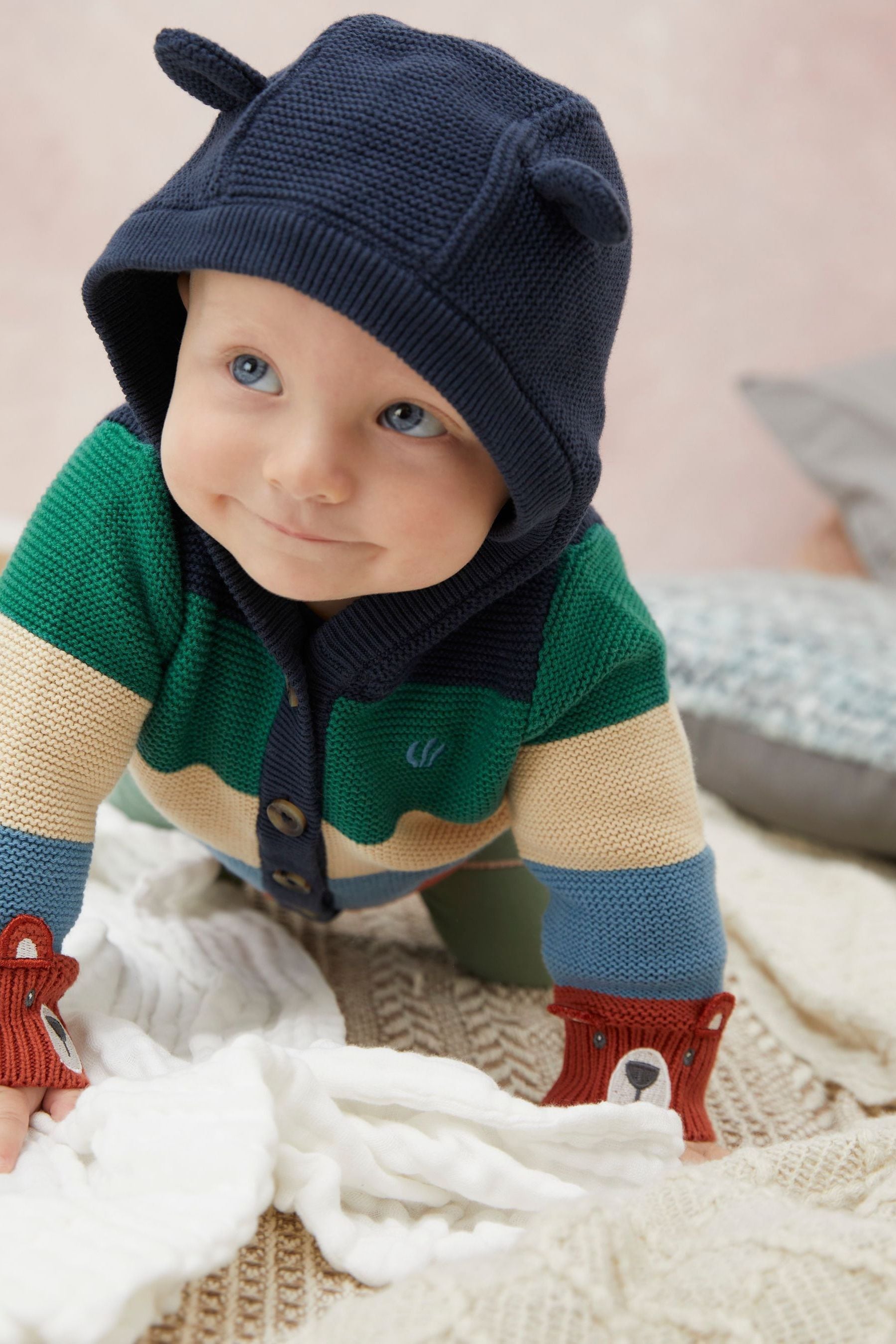 Blue FatFace Baby Stripe Knitted Bear Cardigan