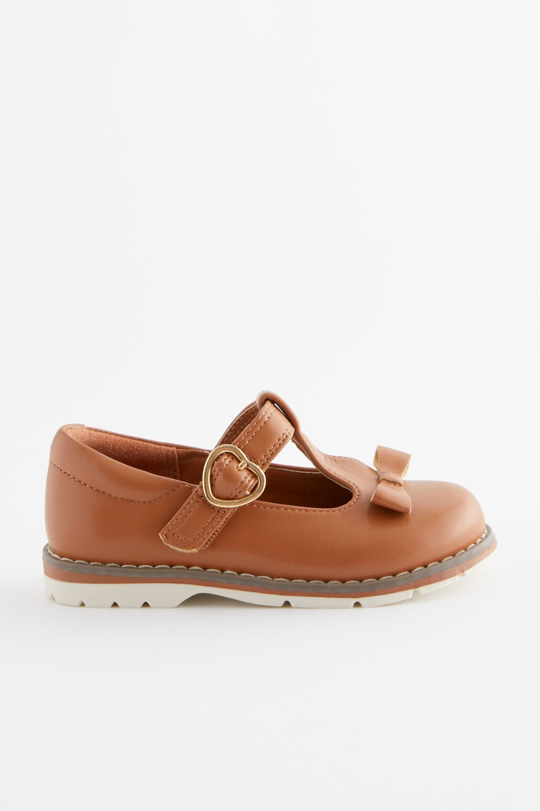 Tan Brown Bow T-Bar Shoes