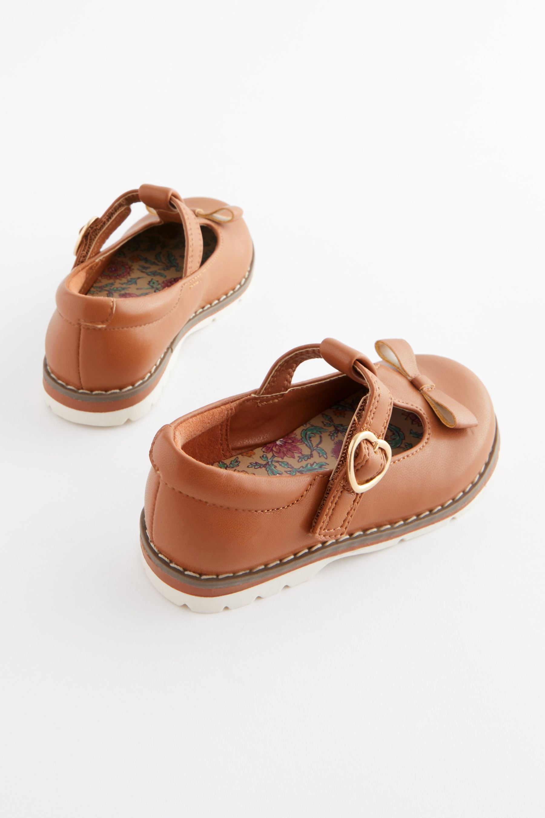 Tan Brown Bow T-Bar Shoes