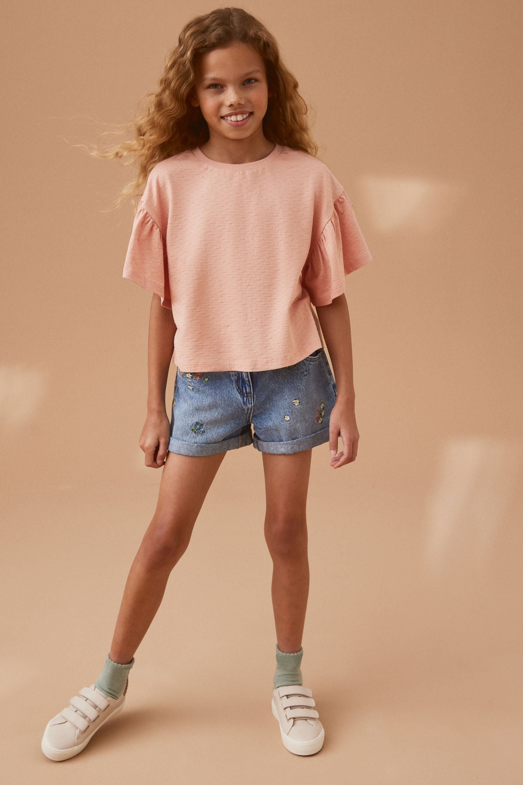 Pink Textured Frill Sleeve T-Shirt (3-16yrs)