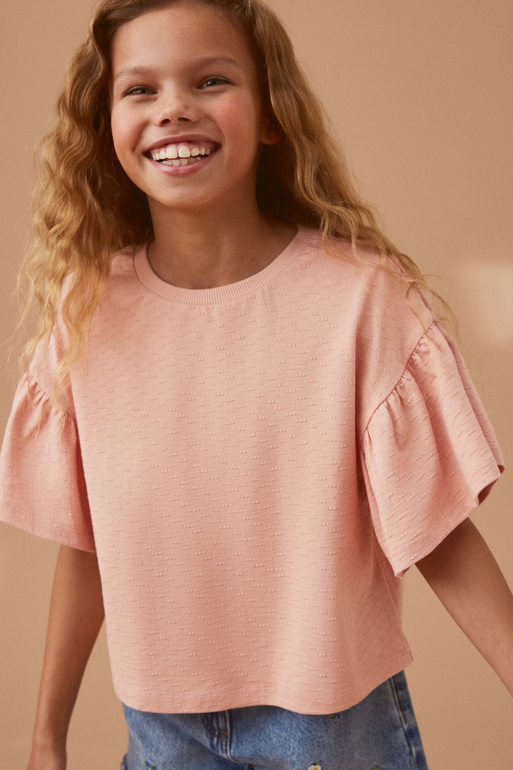 Pink Textured Frill Sleeve T-Shirt (3-16yrs)