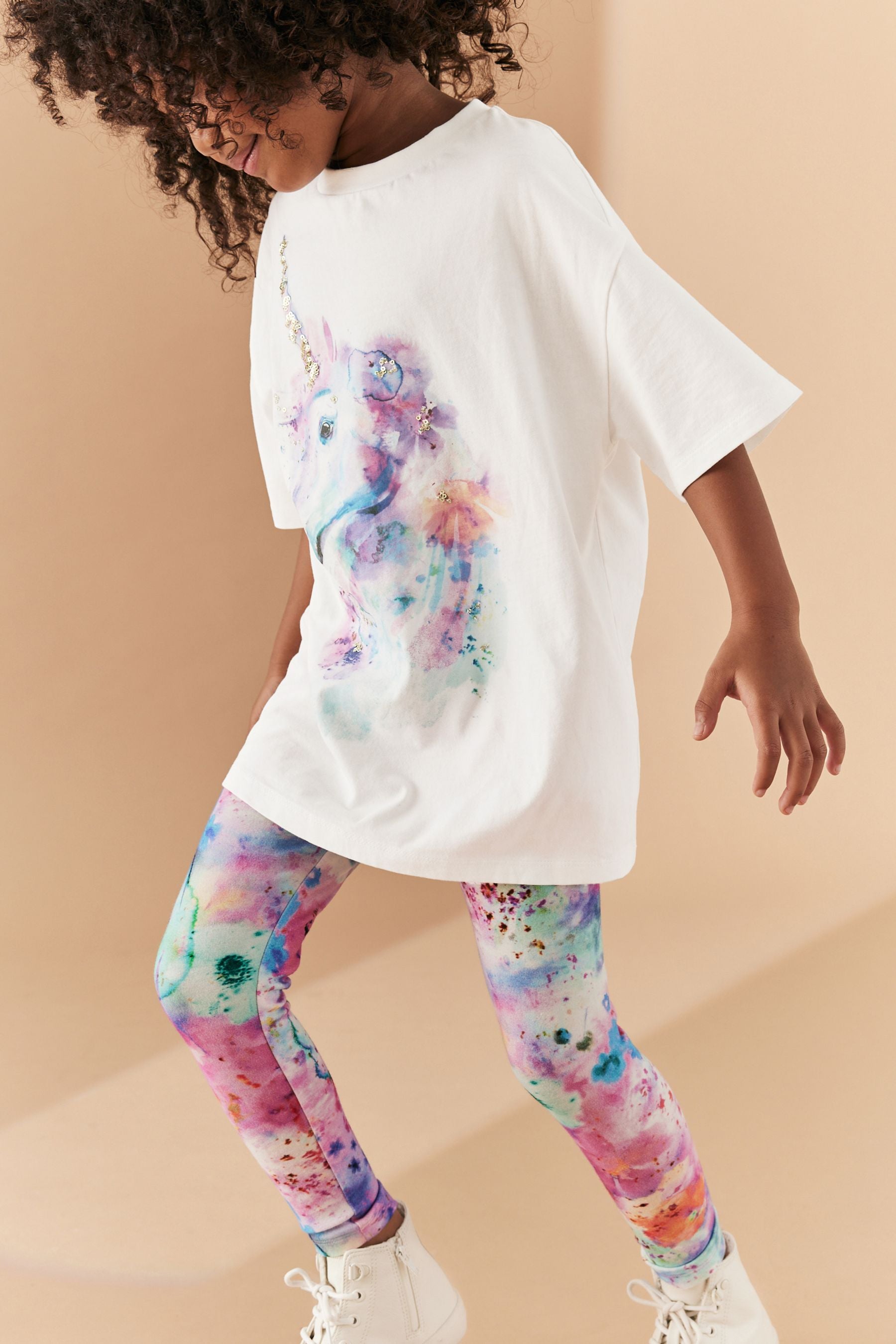 Pink/Purple/White Sequin Unicorn Oversized T-Shirt And Leggings Set (3-16yrs)