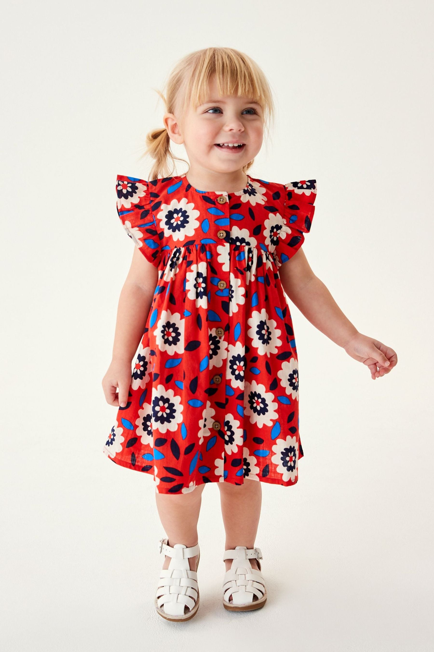 Red Floral Frill Sleeve Cotton Dress (3mths-8yrs)