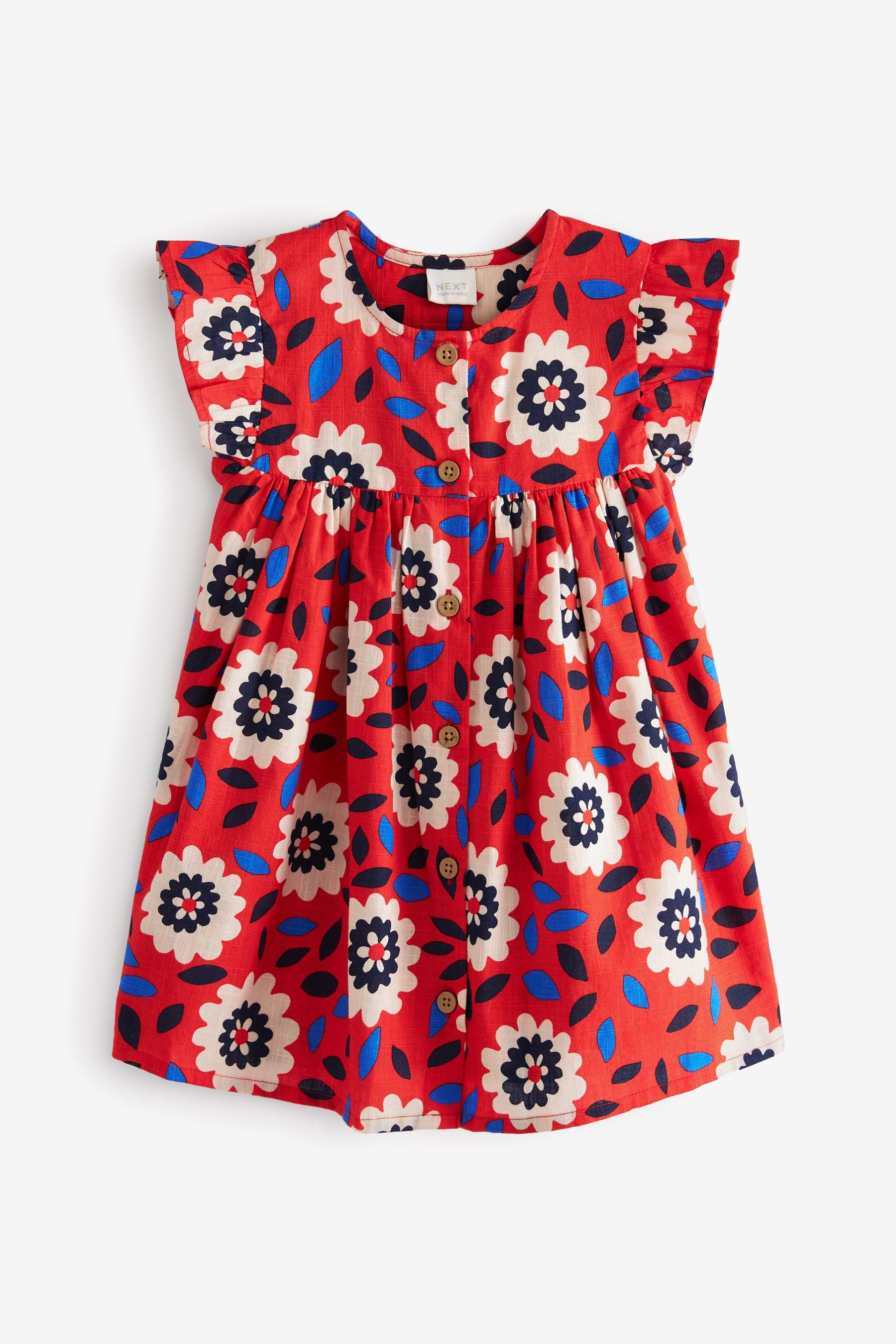 Red Floral Frill Sleeve Cotton Dress (3mths-8yrs)