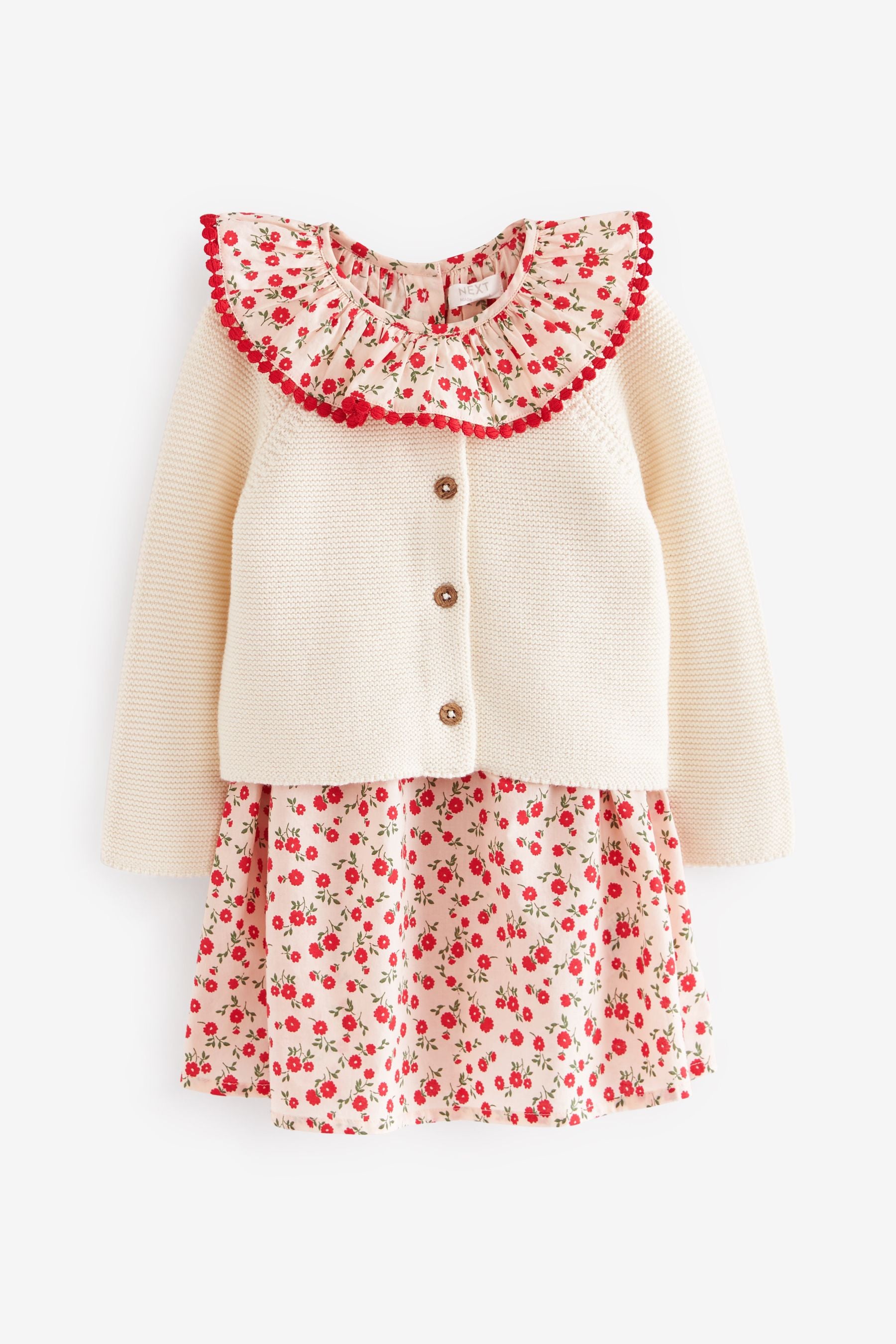 Cream/Red Ditsy Printed Dress And Cardigan Set (3mths-8yrs)