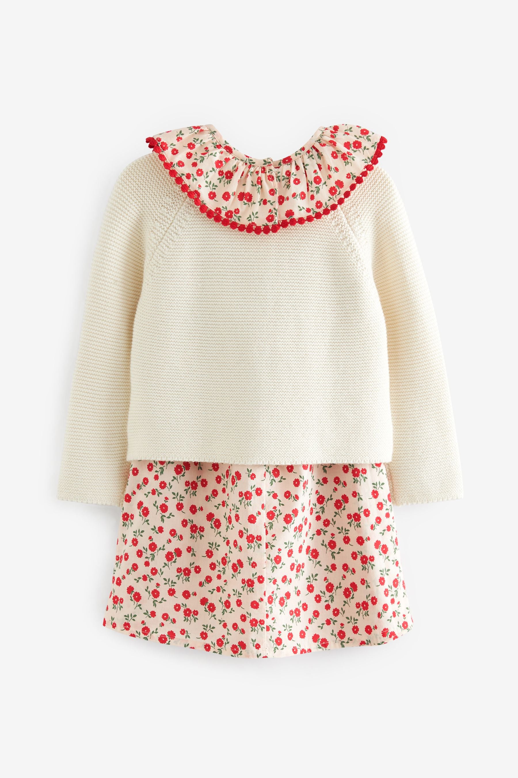 Cream/Red Ditsy Printed Dress And Cardigan Set (3mths-8yrs)