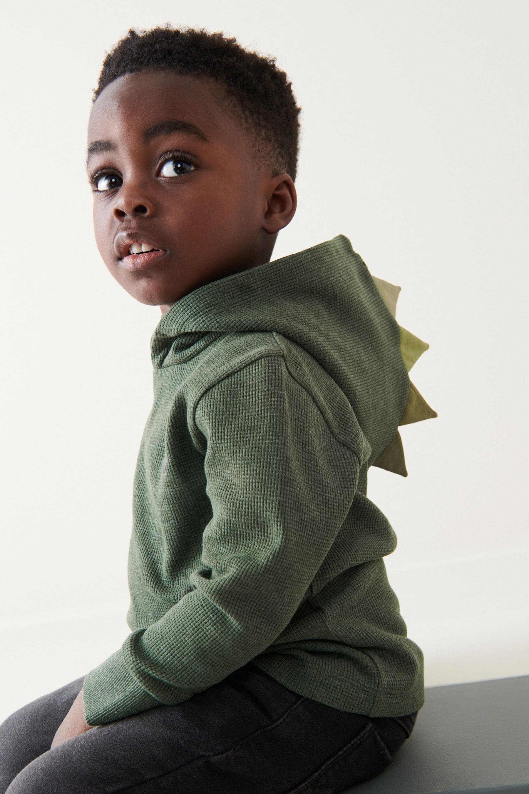 Khaki Green Textured Jersey Dino Spikes Hoodie (3mths-10yrs)