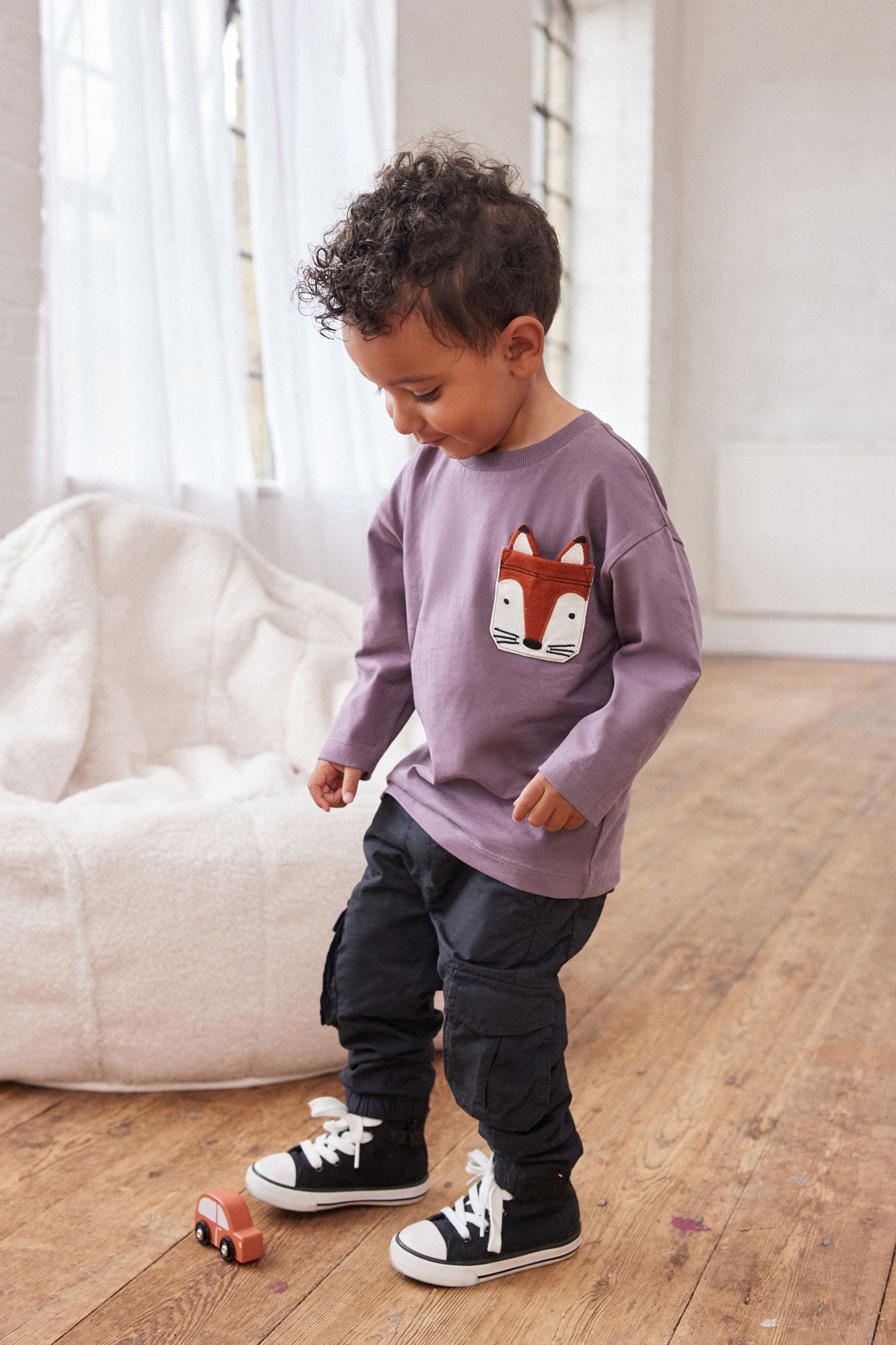 Purple Fox Long Sleeve Pocket T-Shirt (3mths-7yrs)