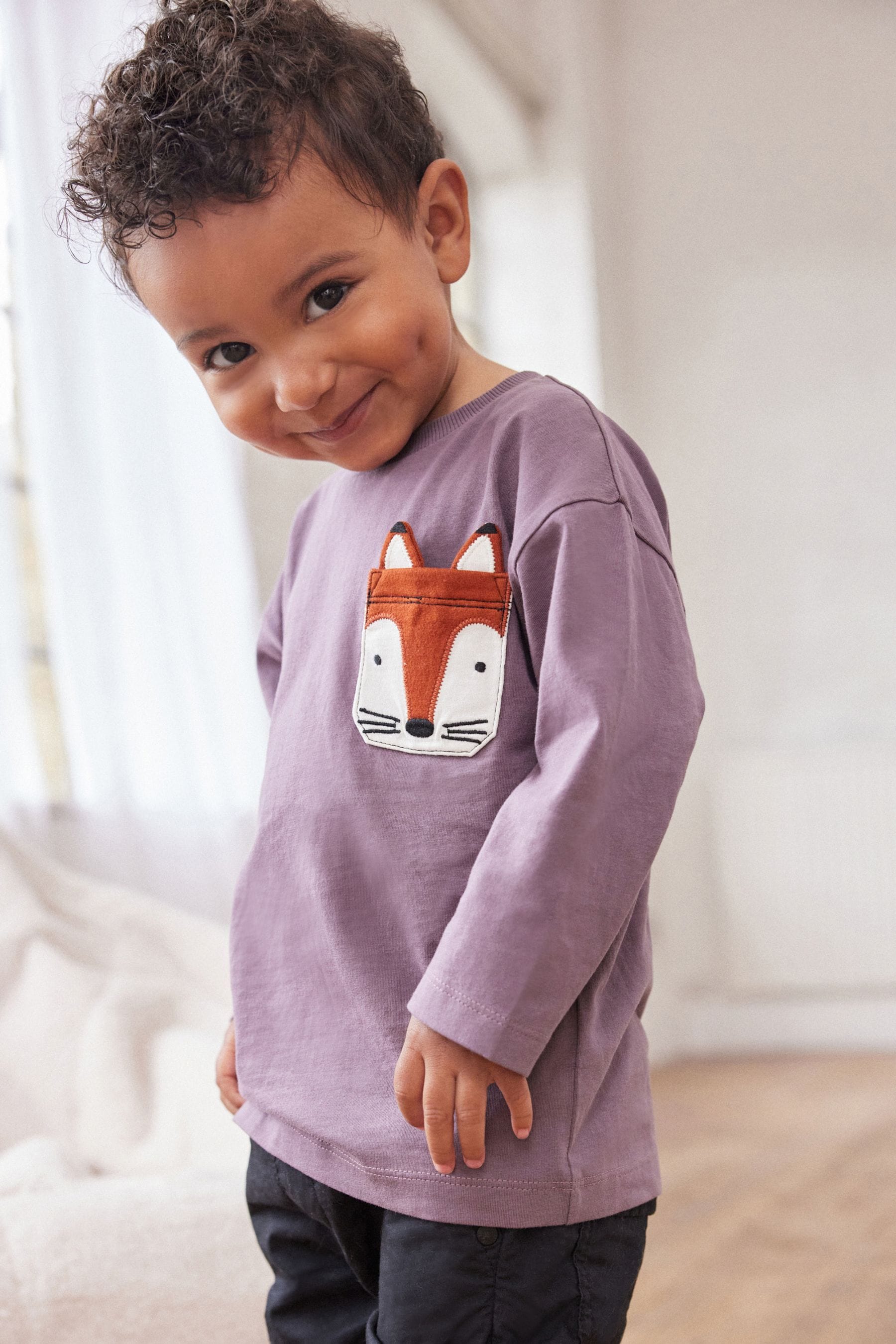 Purple Fox Long Sleeve Pocket T-Shirt (3mths-7yrs)