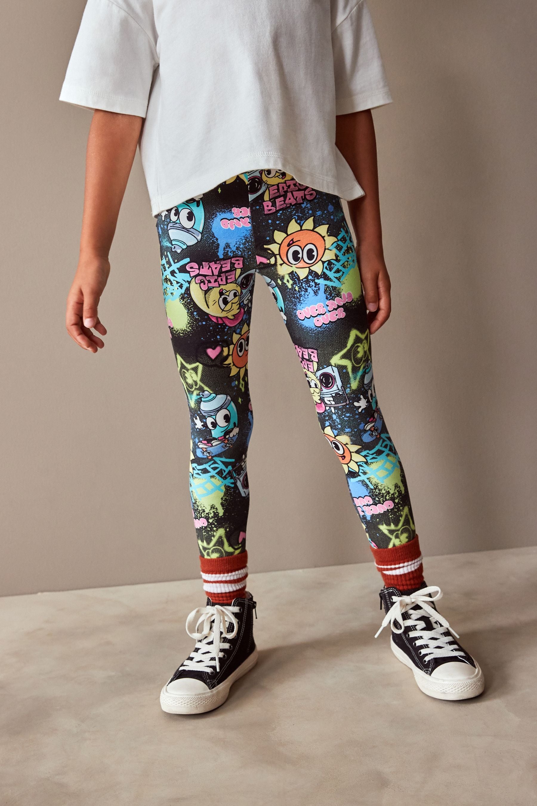 Black Graffiti Character Printed Leggings (3-16yrs)