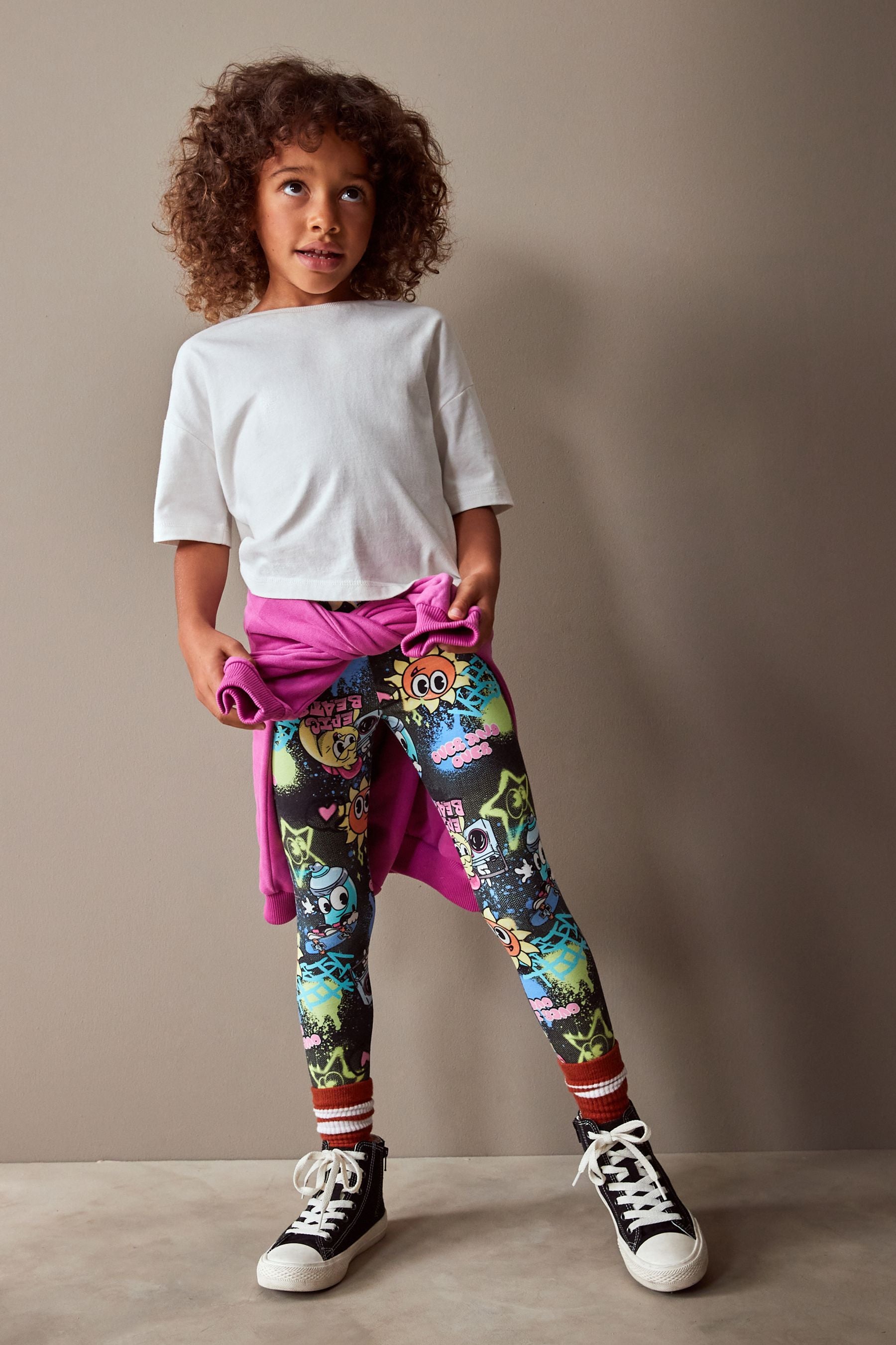 Black Graffiti Character Printed Leggings (3-16yrs)