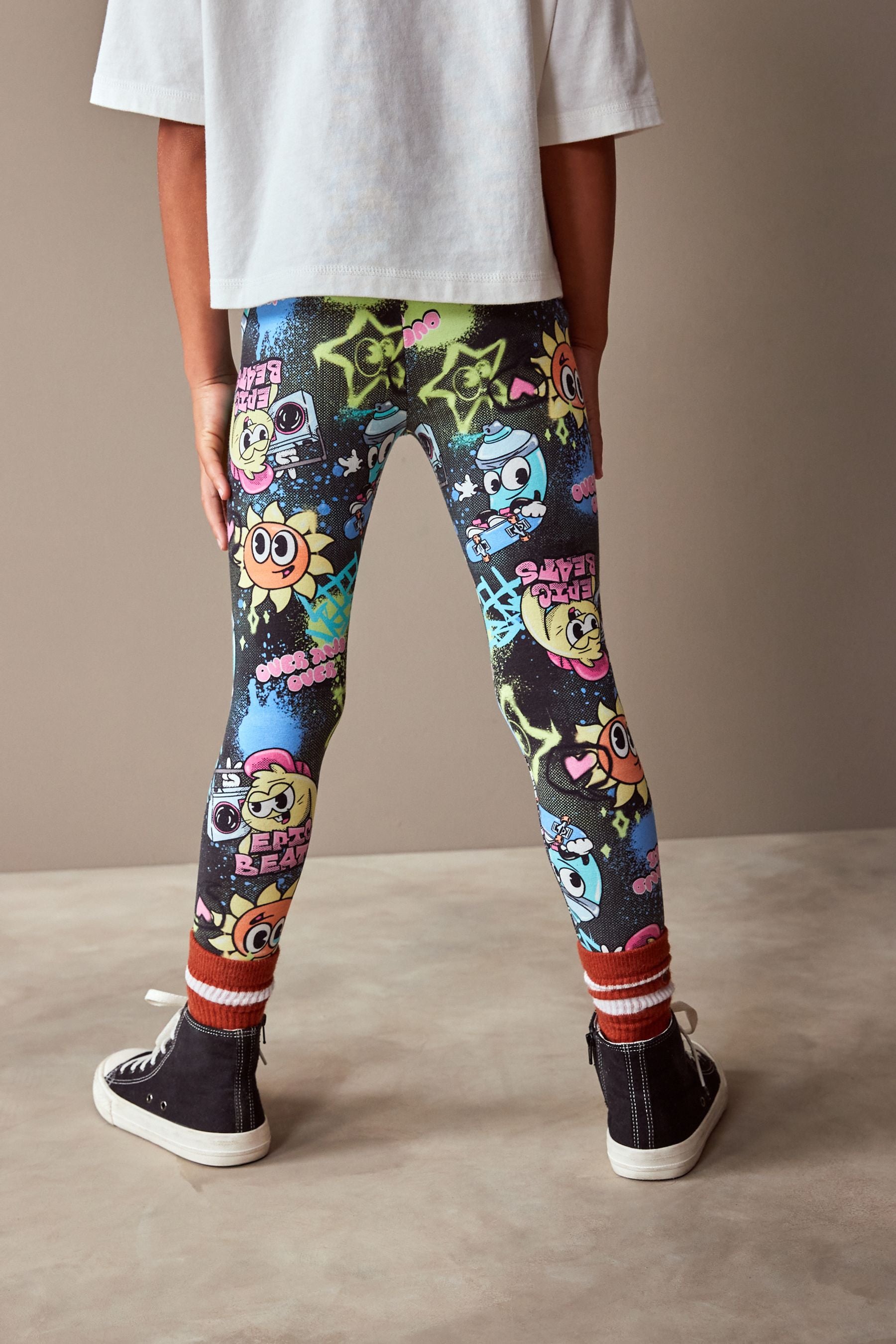 Black Graffiti Character Printed Leggings (3-16yrs)