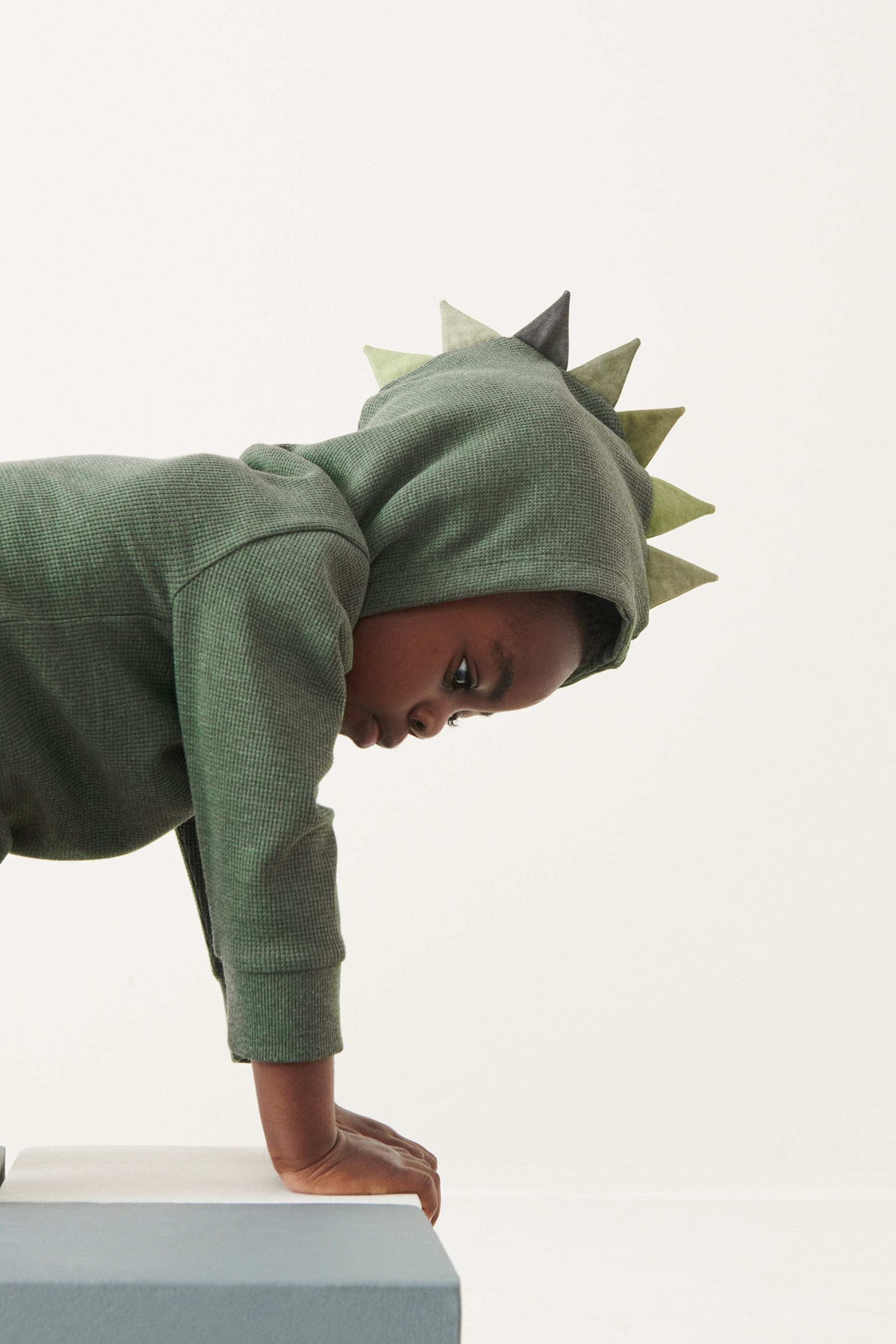 Khaki Green Textured Jersey Dino Spikes Hoodie (3mths-10yrs)