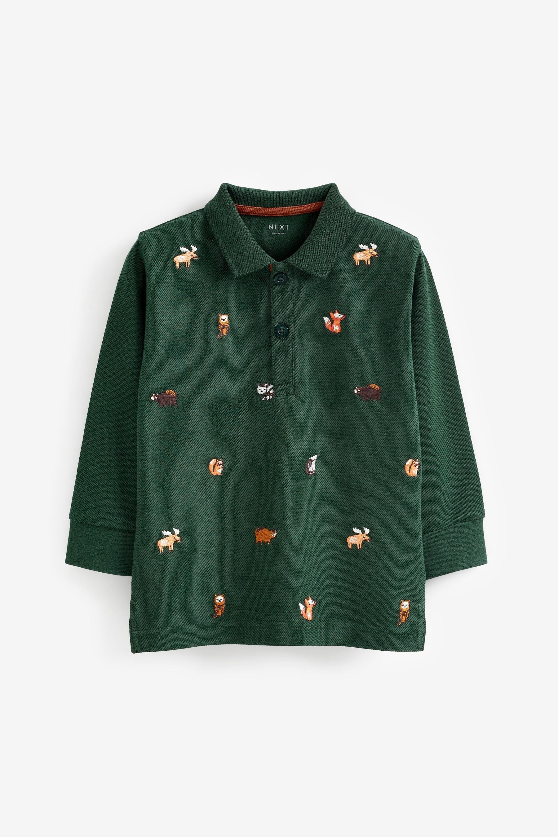 Green Woodland Animals Long Sleeve All Over Embroidered Polo Shirt (3mths-7yrs)