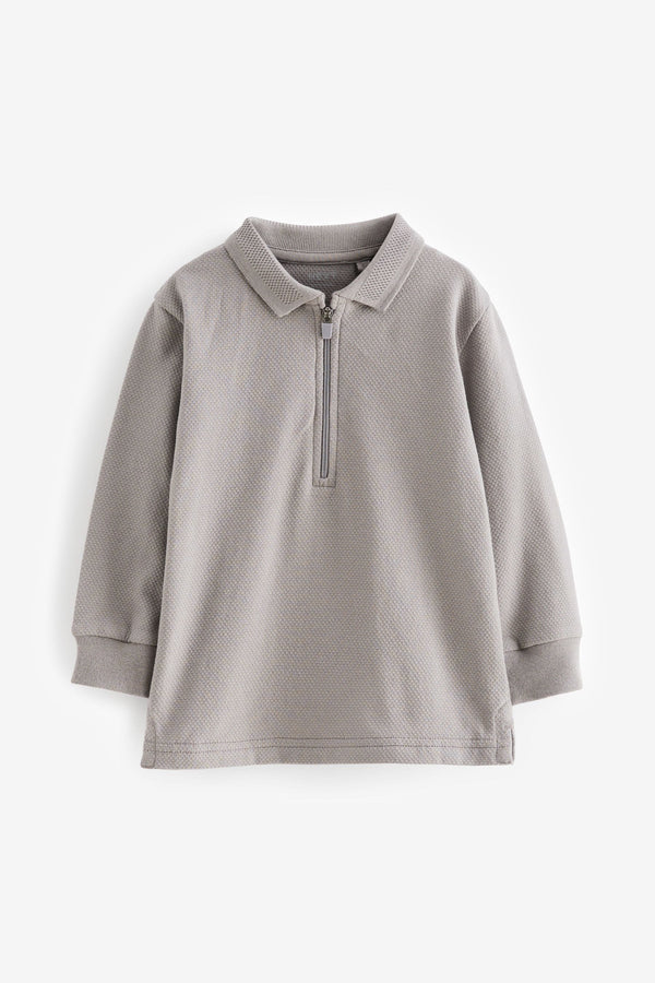 Grey Long Sleeve Textured Zip Polo Shirt (3mths-7yrs)