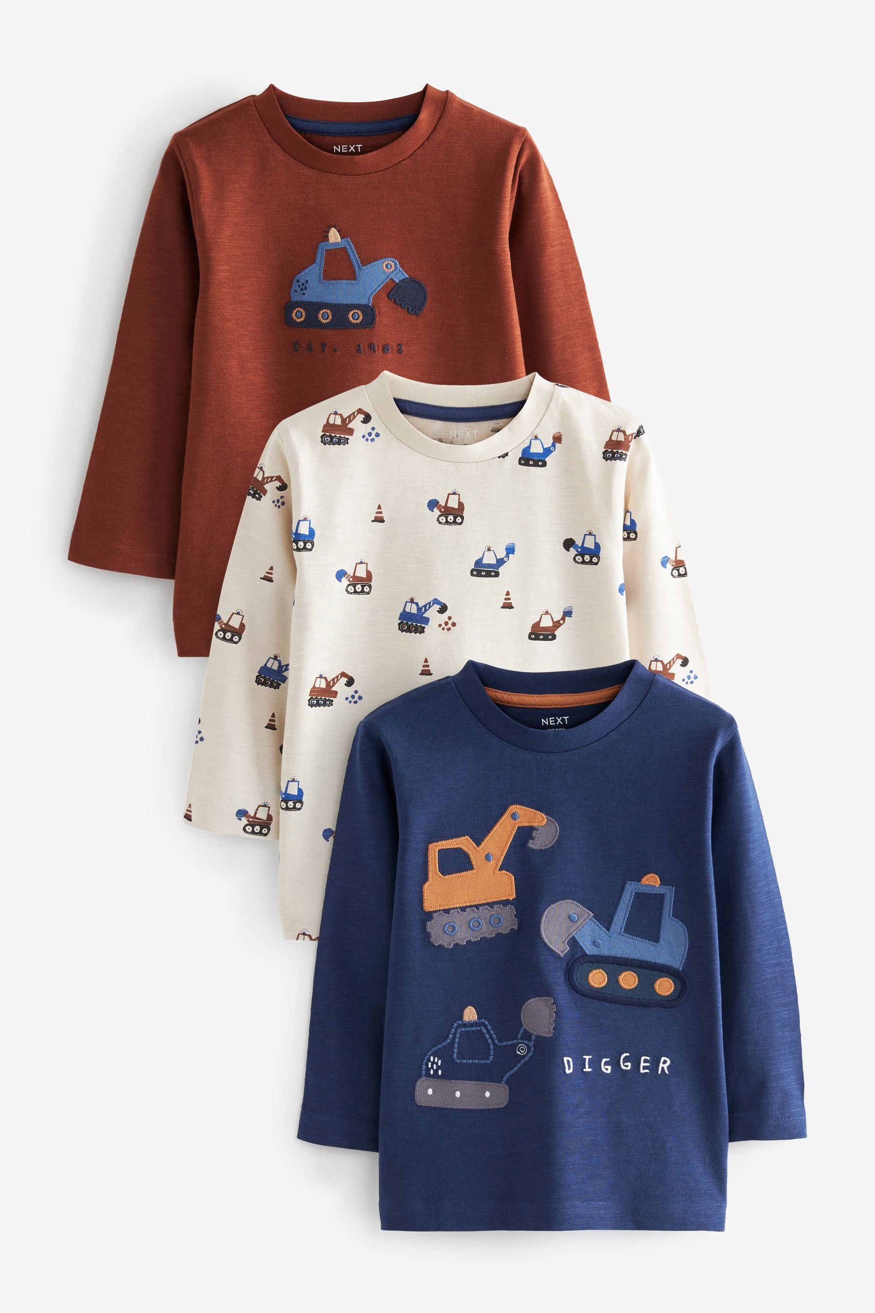 Navy Blue/Tan Brown Digger Long Sleeve Character T-Shirts 3 Pack (3mths-7yrs)