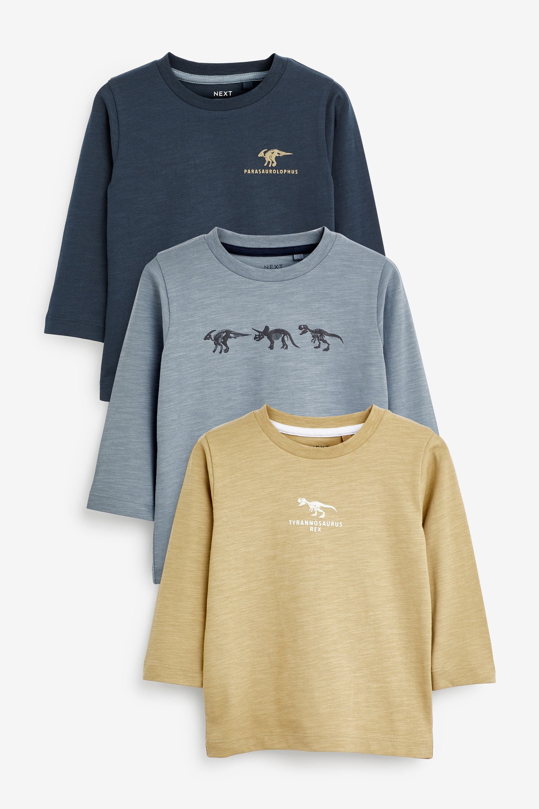 Navy Blue/Khaki Green Mini Dinosaurs Long Sleeve Character T-Shirts 3 Pack (3mths-7yrs)