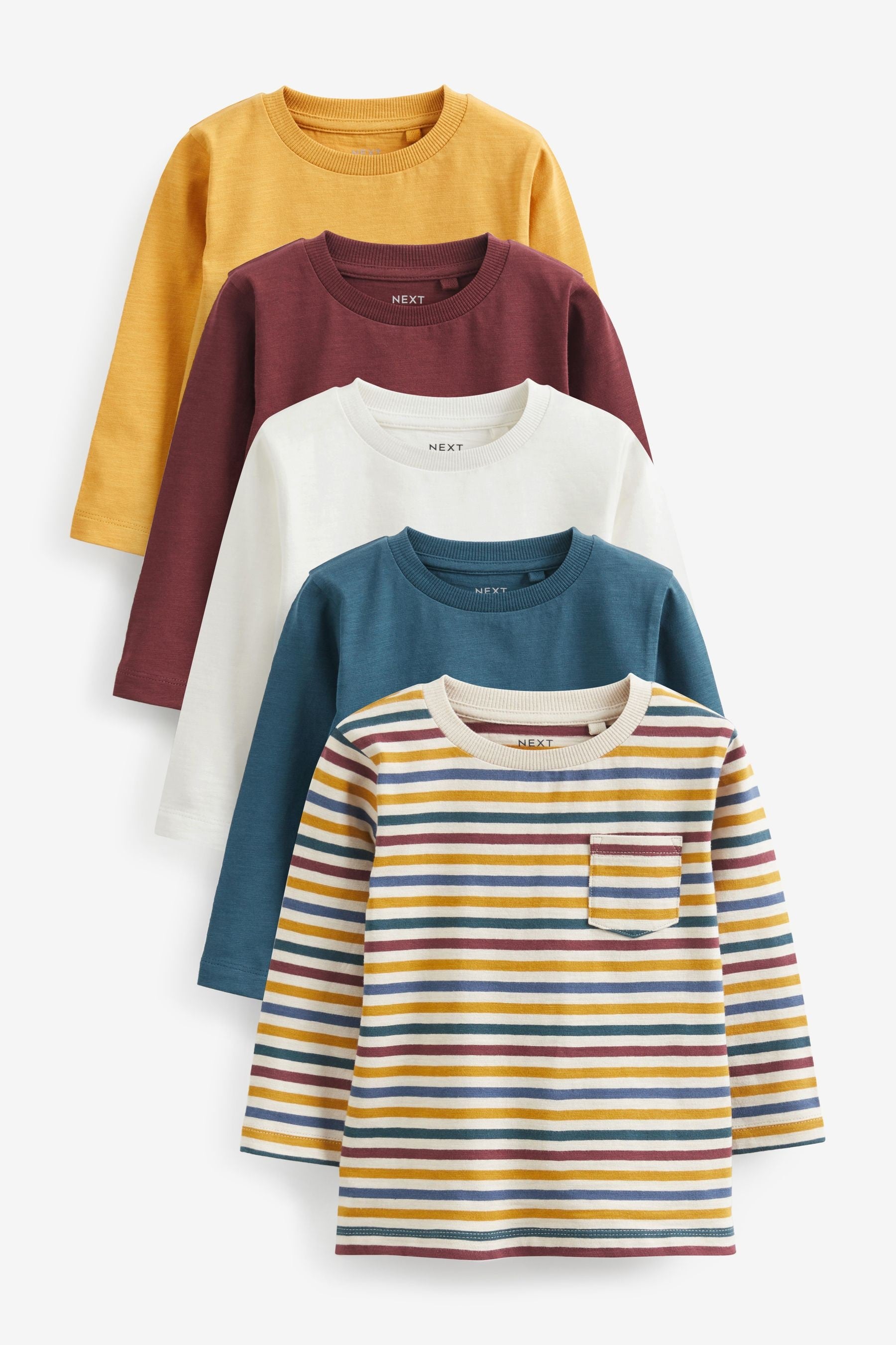 Plum Purple/Yellow Stripe Plain Long Sleeve T-Shirts 5 Pack (3mths-7yrs)