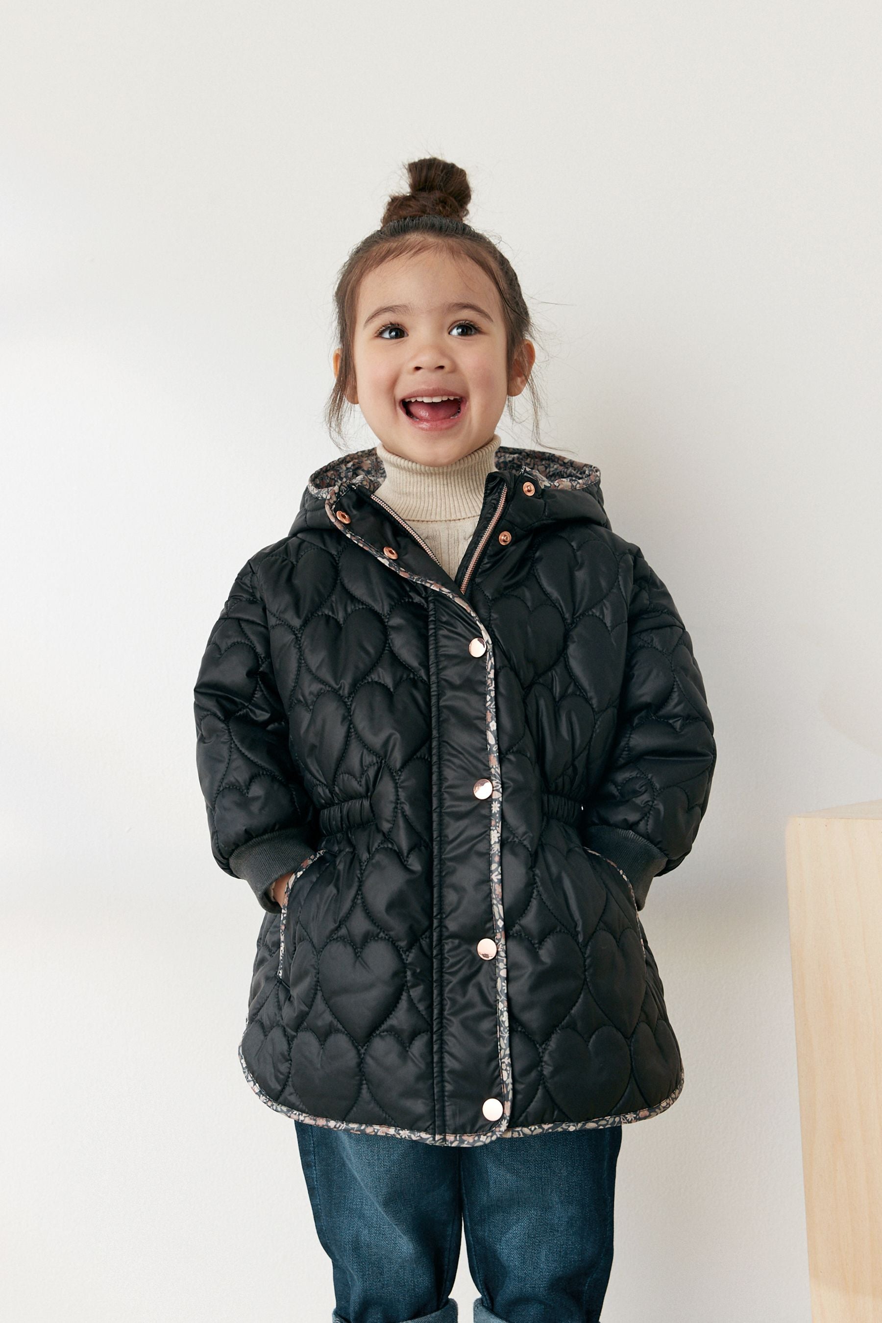 Charcoal Grey Shower Resistant Heart Quilted Padded Coat (12mths-7yrs)