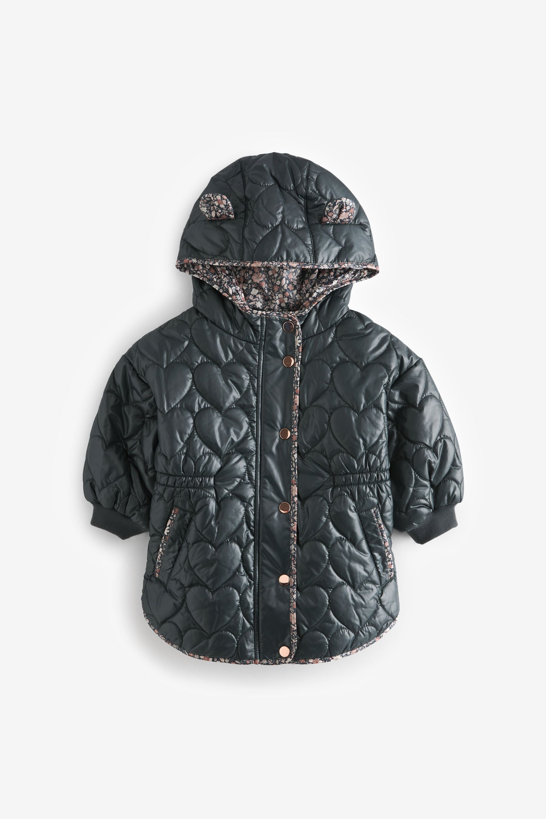 Charcoal Grey Shower Resistant Heart Quilted Padded Coat (12mths-7yrs)