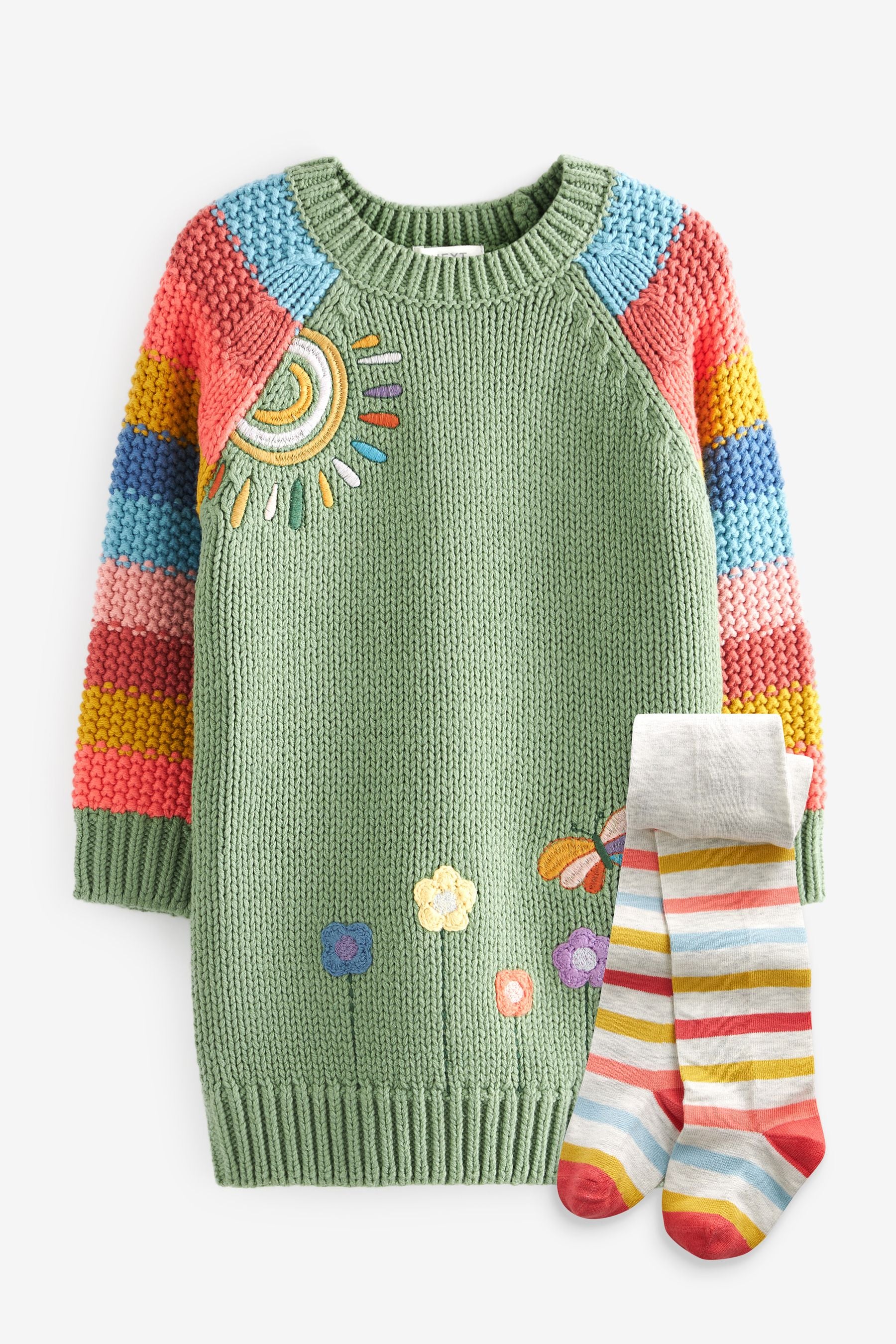 Green Rainbow Character Jumper Dress And Tights Set (3mths-7yrs)