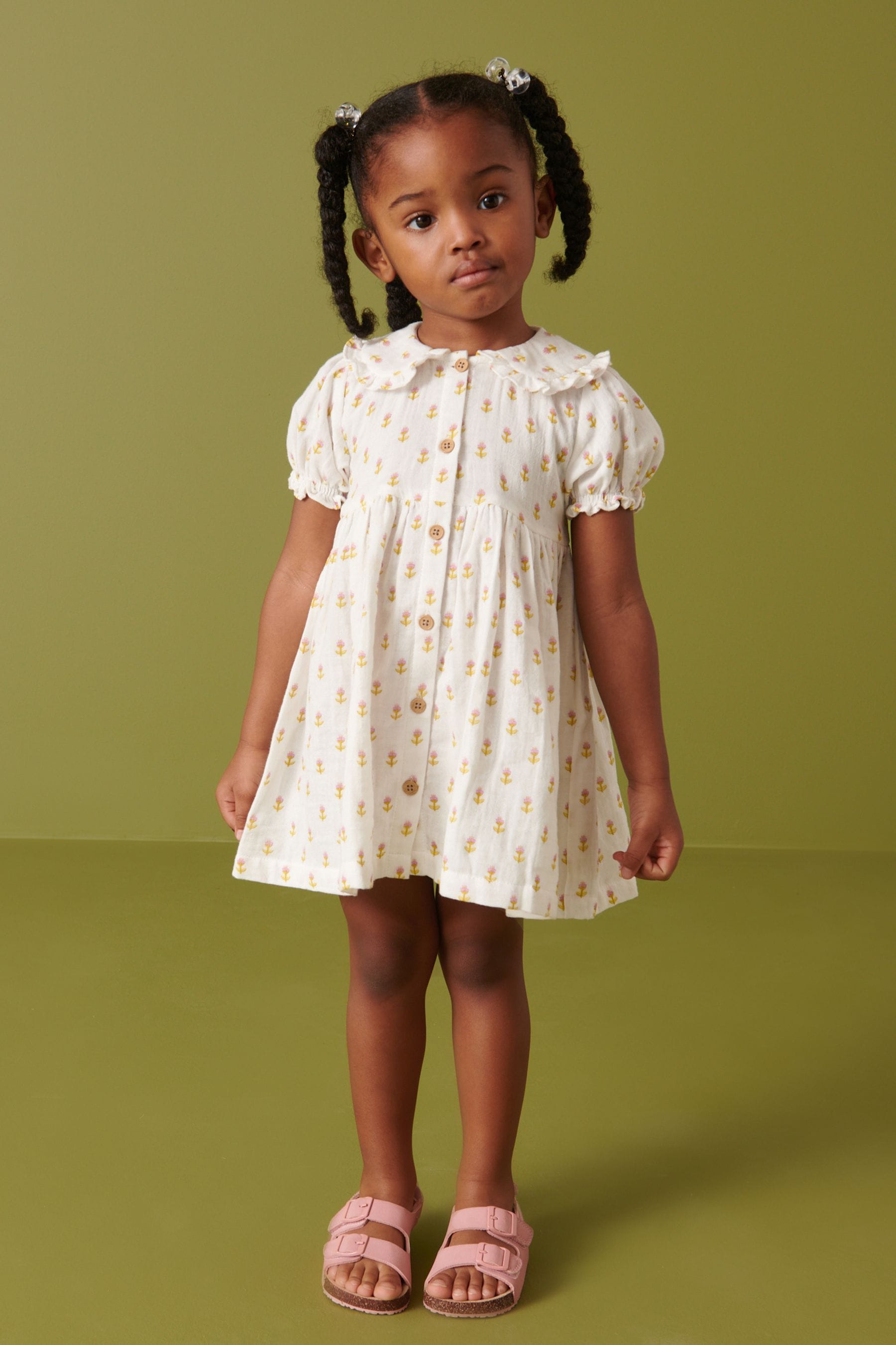 Ecru White Frill Collar Button Through Short Sleeve Woven Dress (3mths-7yrs)