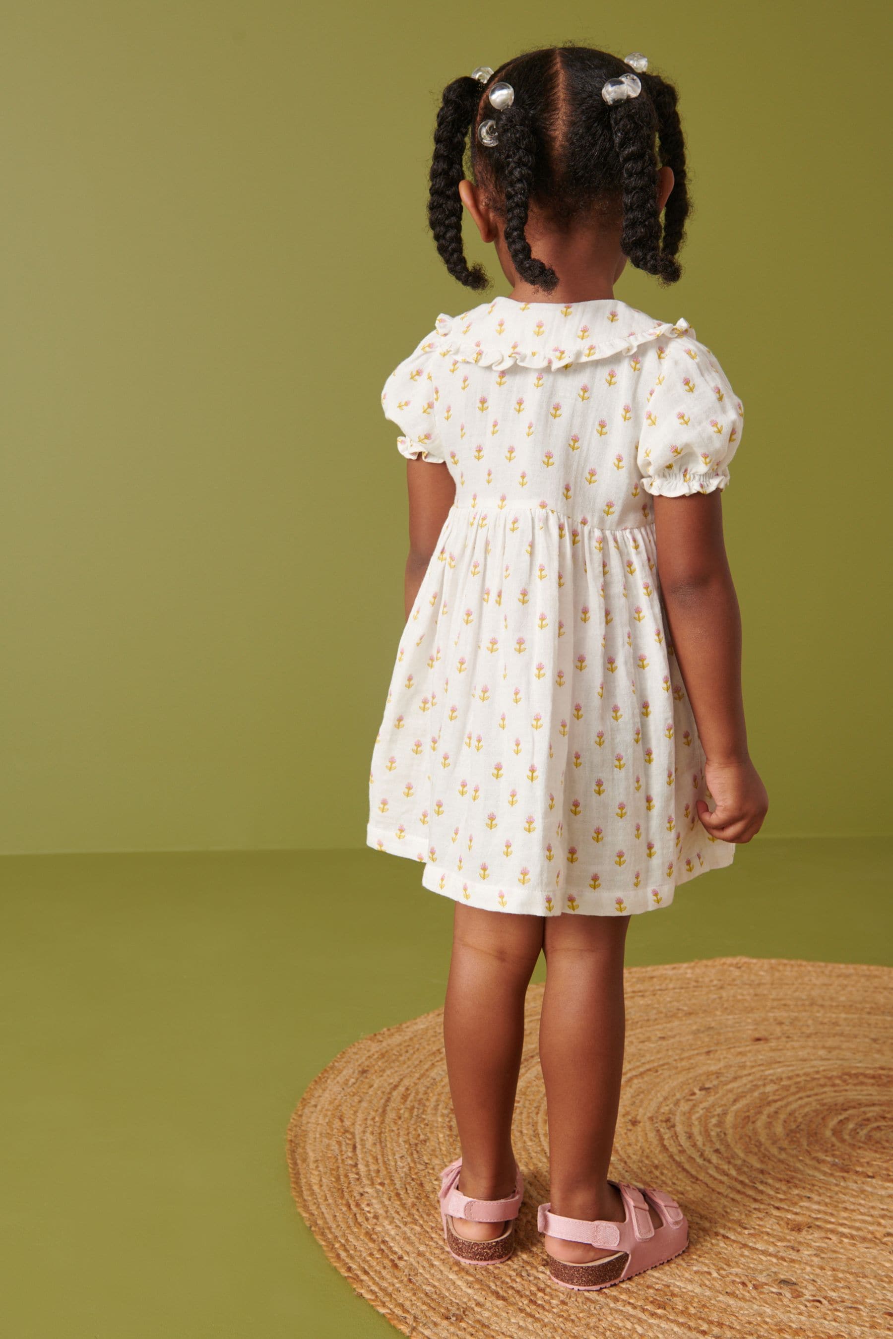 Ecru White Frill Collar Button Through Short Sleeve Woven Dress (3mths-7yrs)