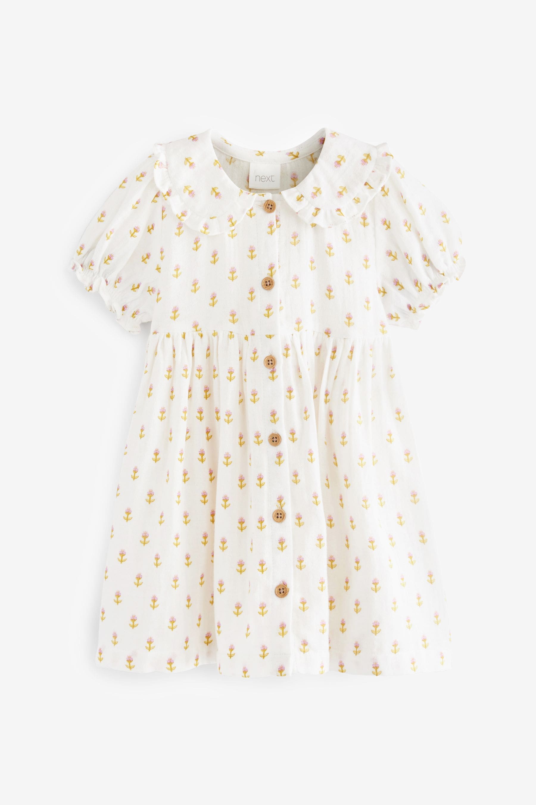 Ecru White Frill Collar Button Through Short Sleeve Woven Dress (3mths-7yrs)