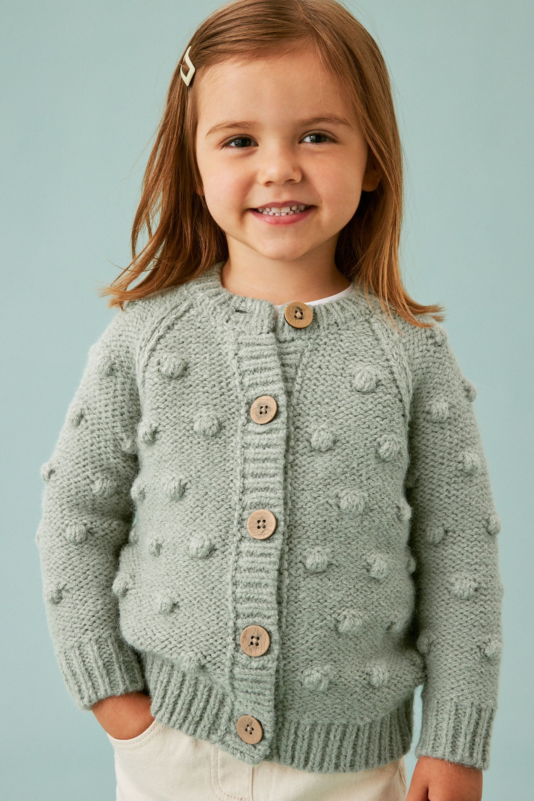 Sage Green Chunky Knit Bobble Cardigan (3mths-10yrs)