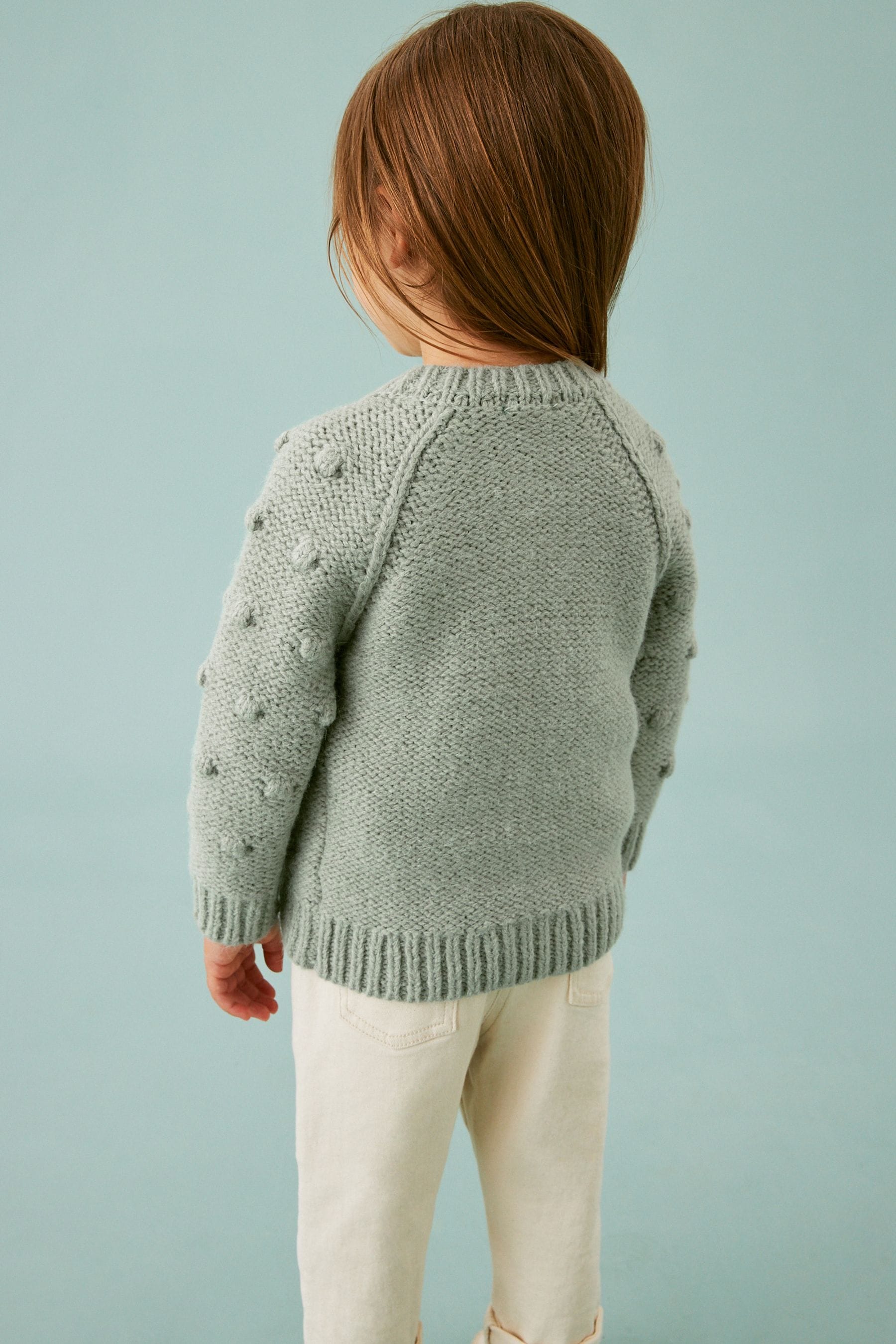 Sage Green Chunky Knit Bobble Cardigan (3mths-10yrs)