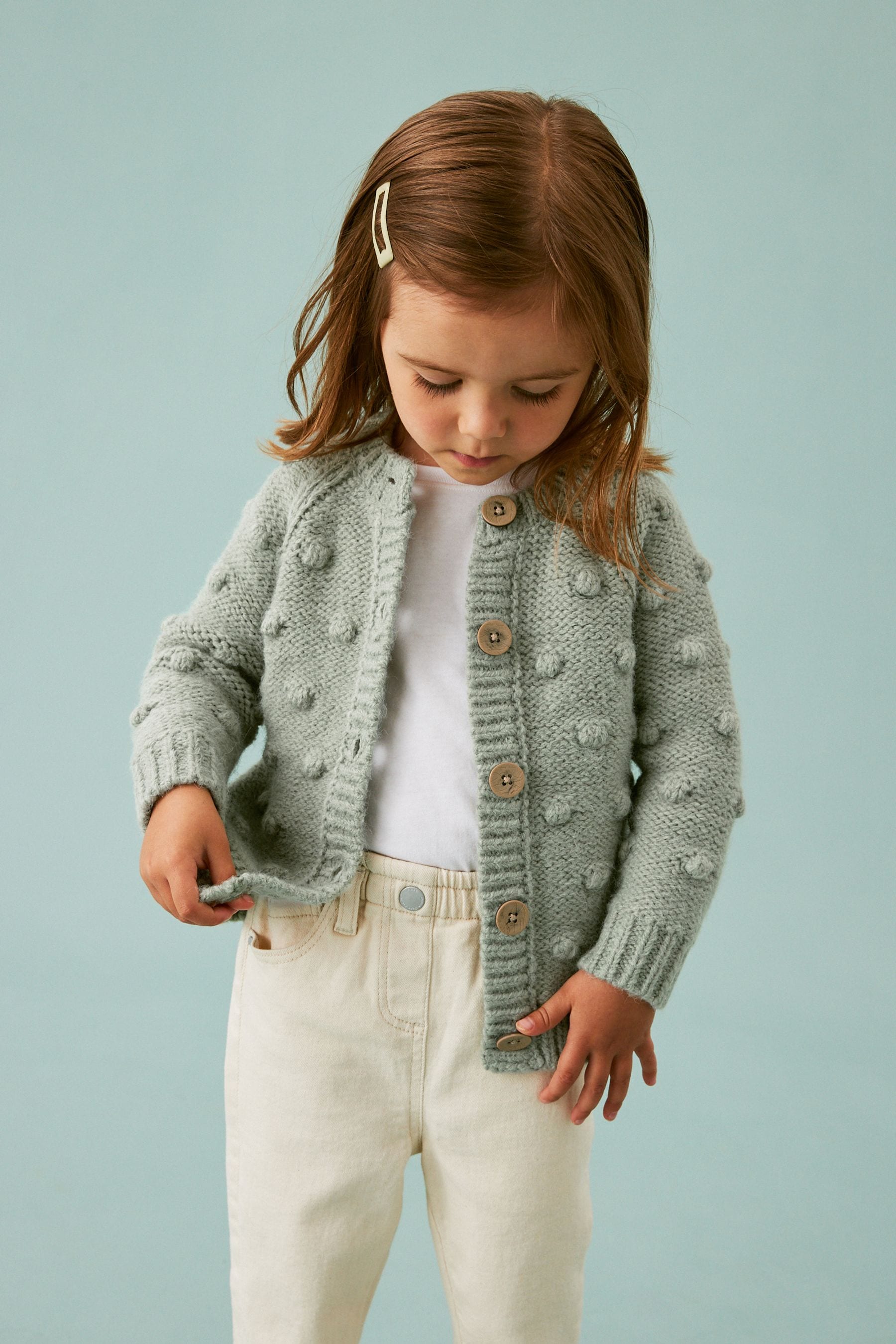 Sage Green Chunky Knit Bobble Cardigan (3mths-10yrs)